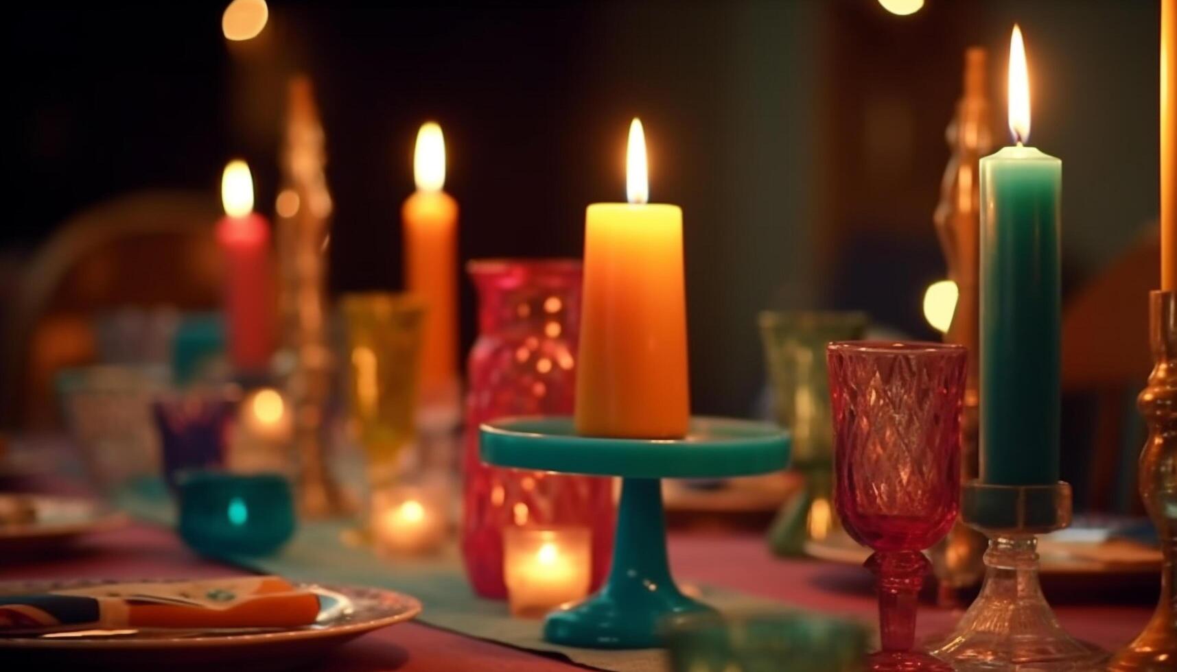 Illuminated candle glowing on table for celebration generated by AI photo