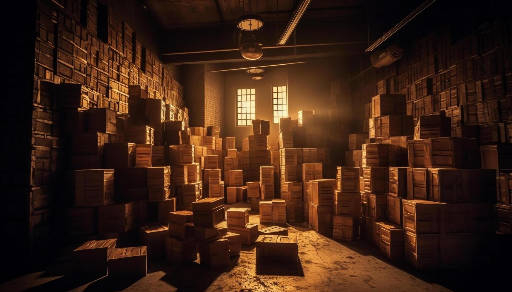 Large group of crates inside distribution warehouse generated by AI photo