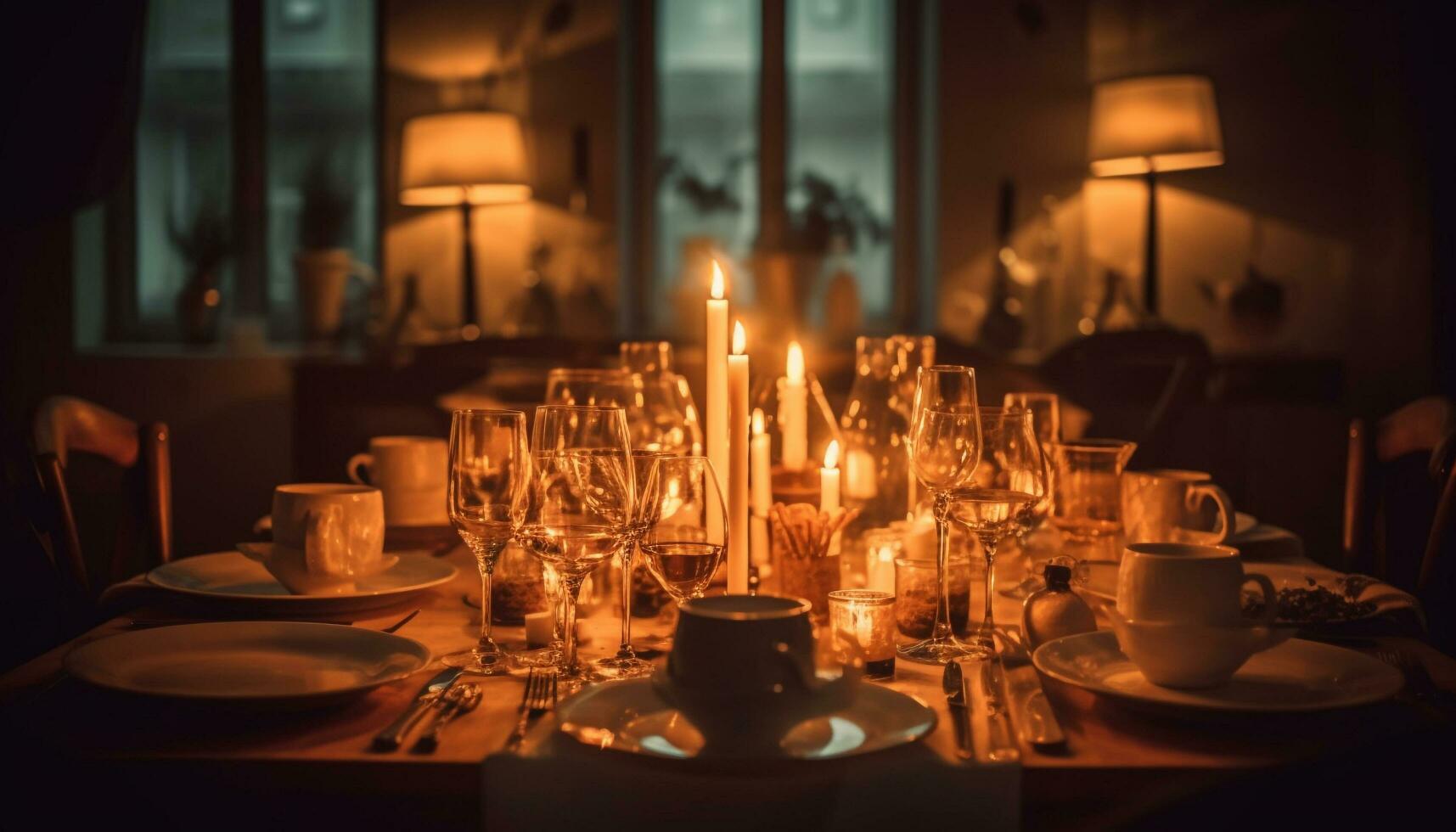 Luxury dining table with elegant candle decoration generated by AI photo