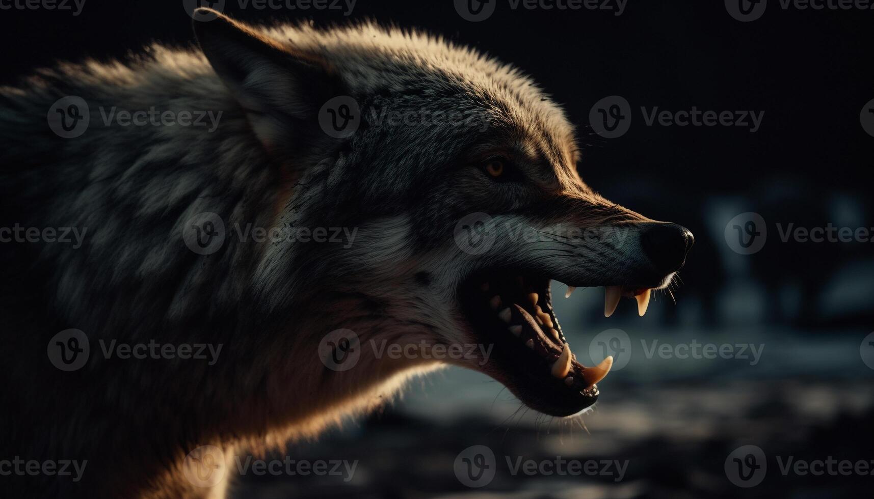 Gray wolf snarls, defending territory in darkness generated by AI photo