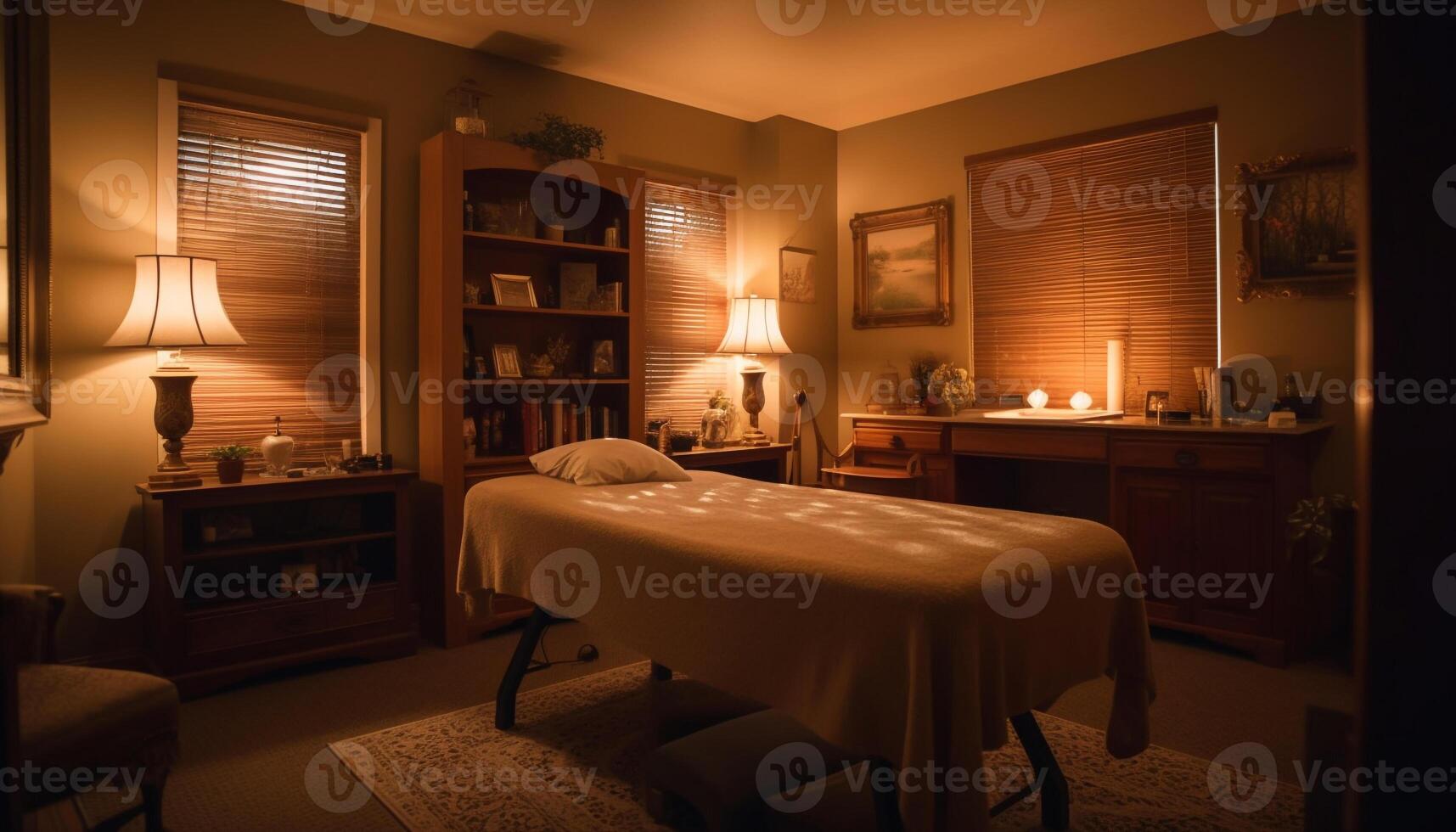 Luxury bedroom illuminated by modern electric lamp generated by AI photo