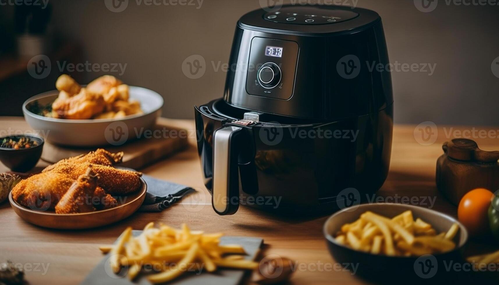 Rustic meal on wooden table with French fries generated by AI photo