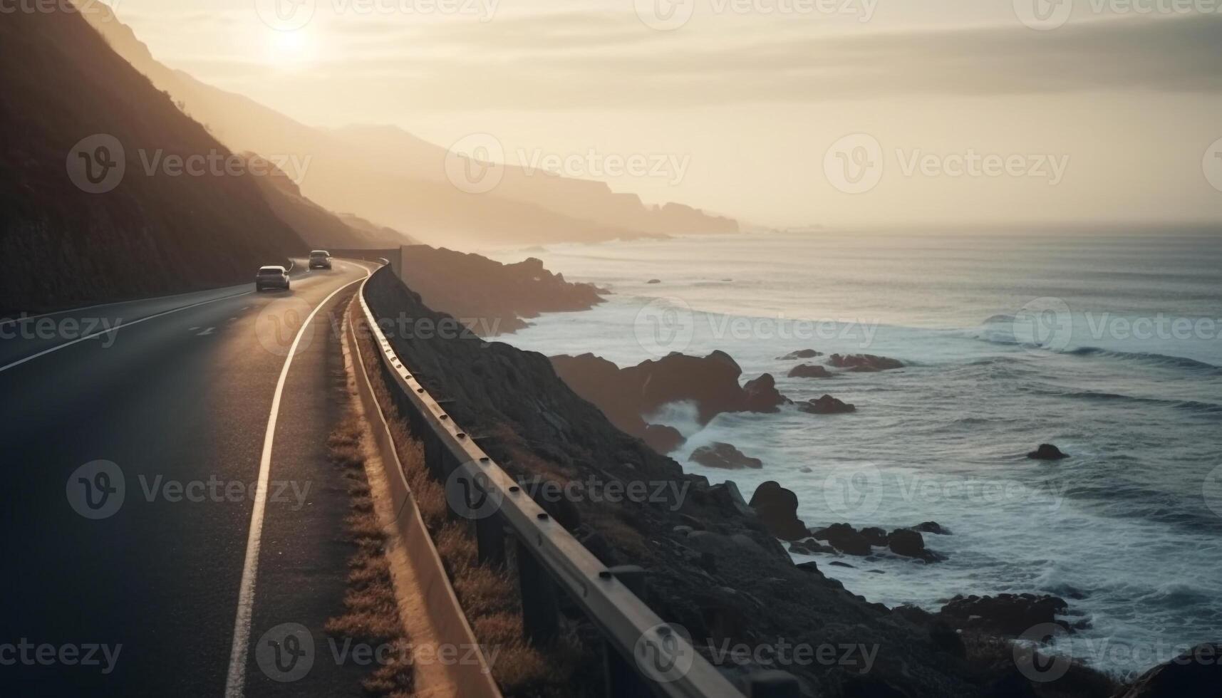 Driving towards sunset on big sur coastline generated by AI photo