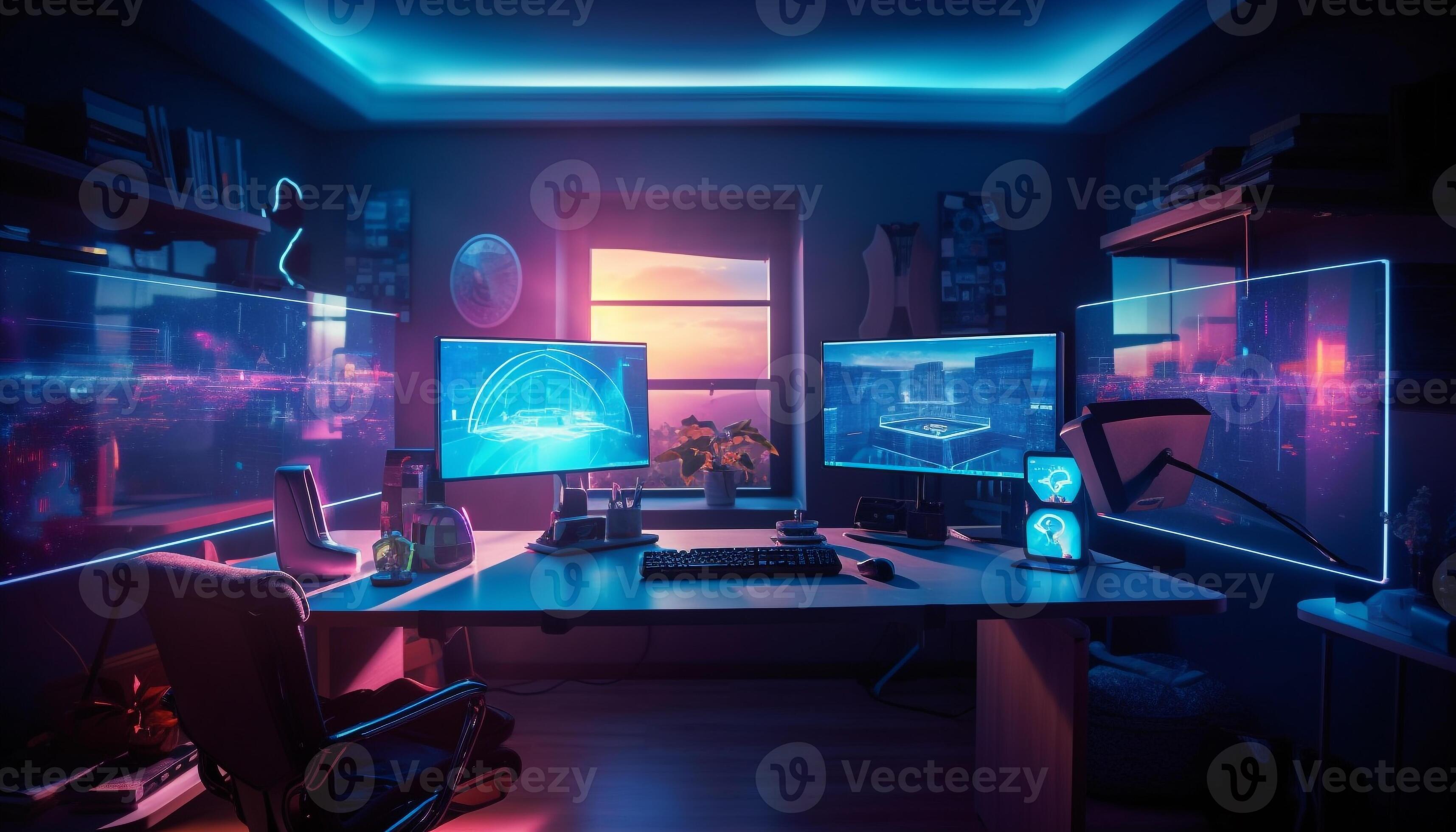 Futuristic computer lab with bright blue lighting generated by AI
