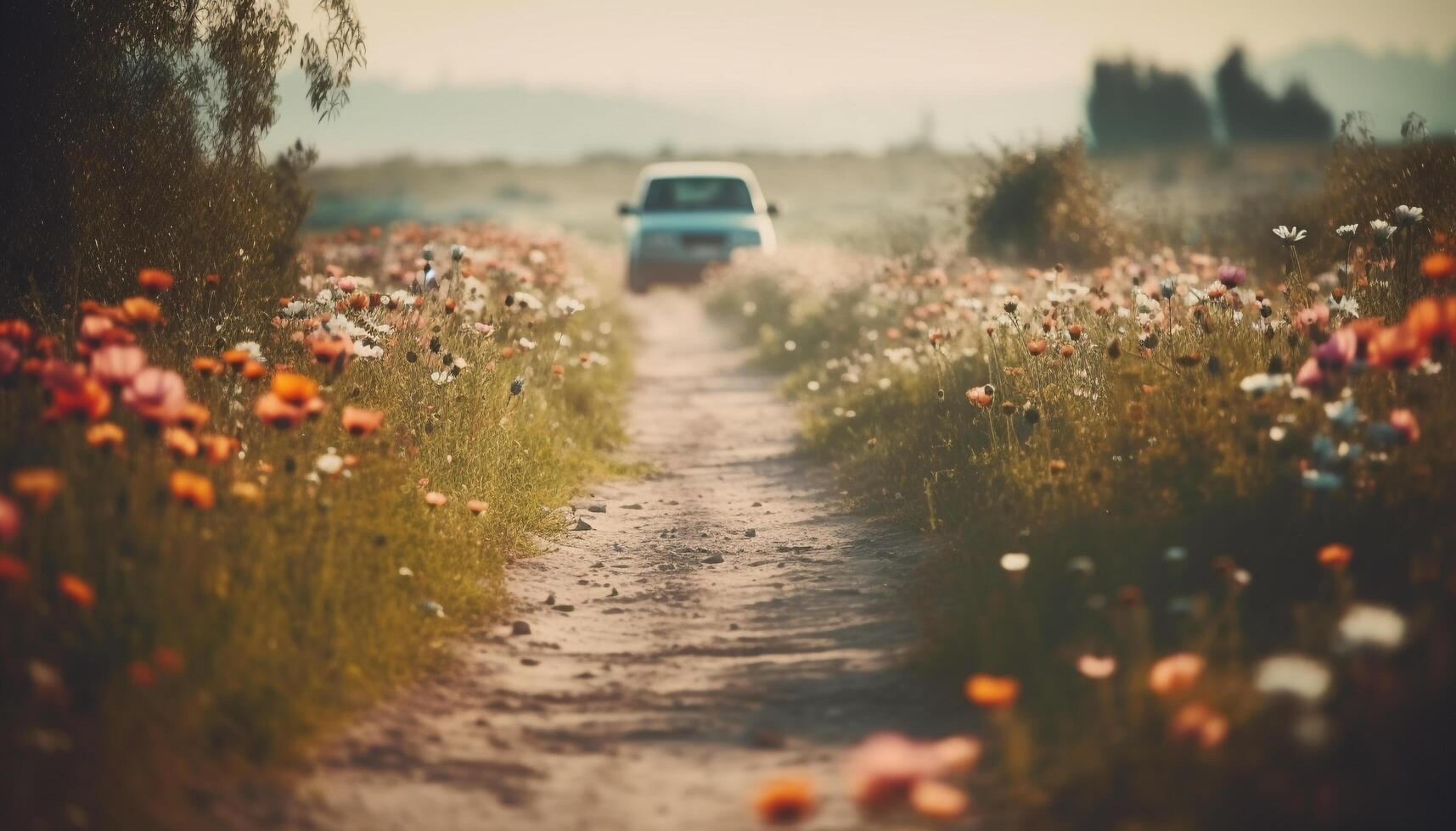 Wildflowers blur by on country road adventure generated by AI photo