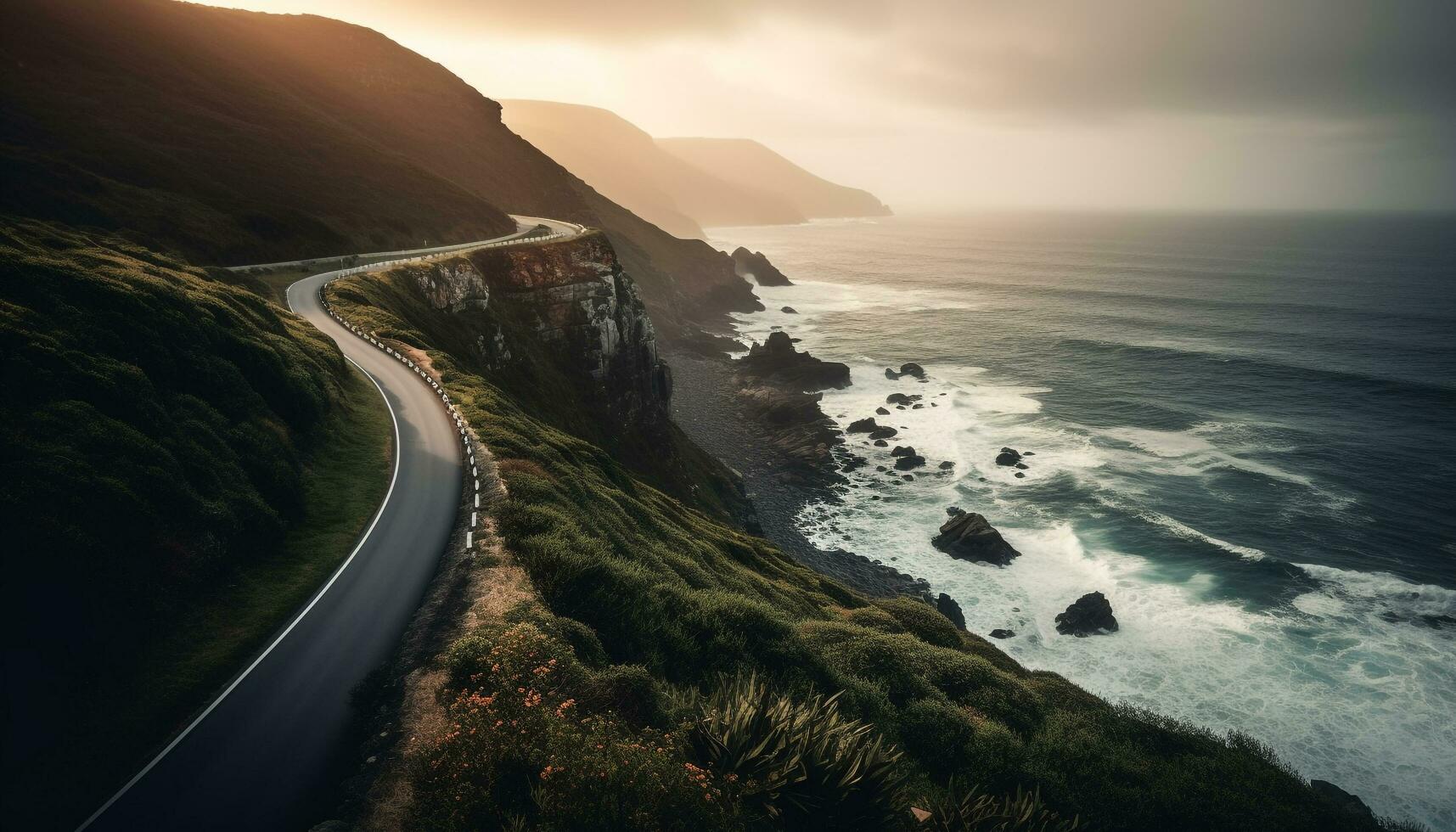 Majestic coast curves in idyllic Asturias landscape generated by AI photo