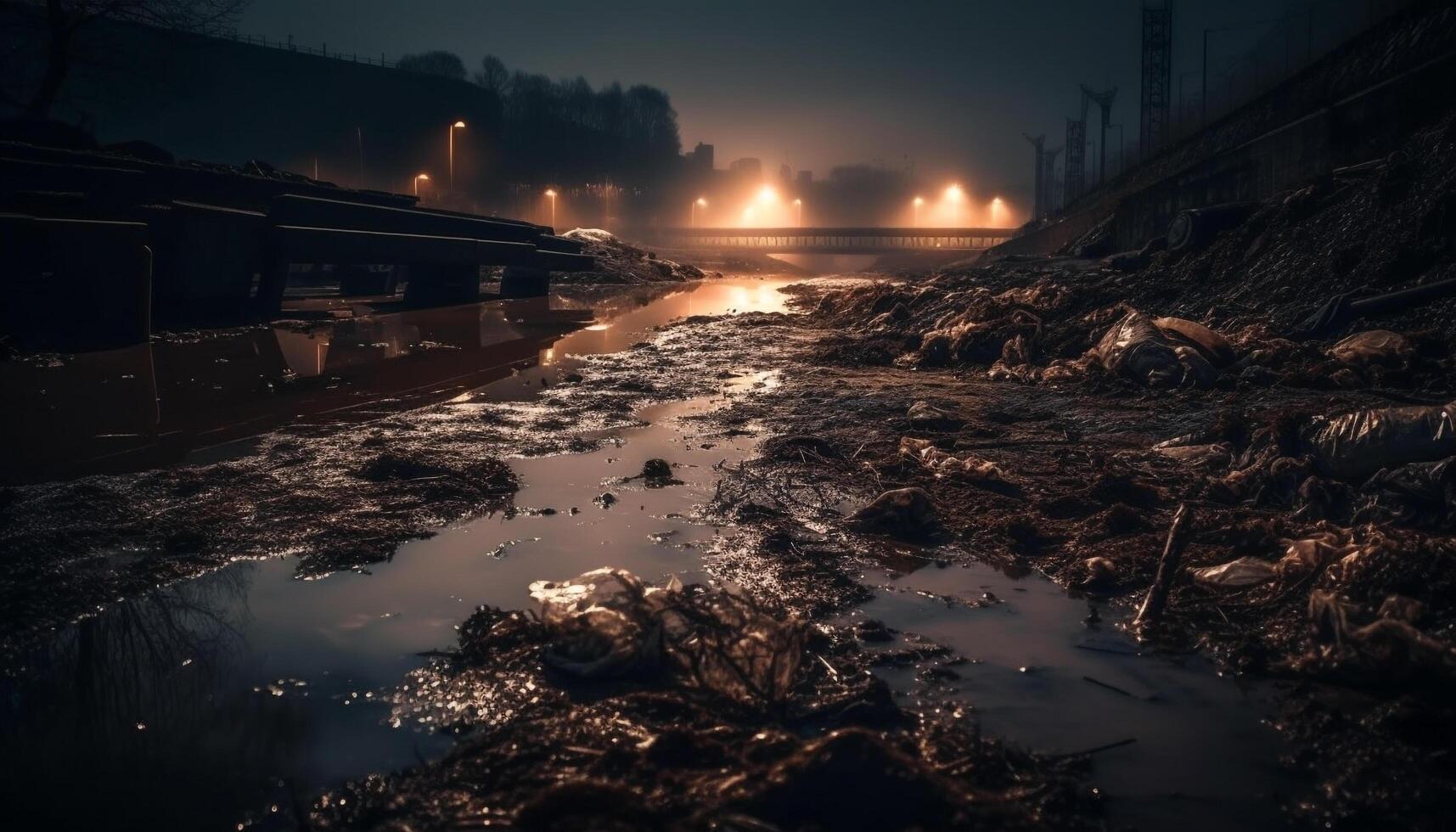 Dark winter landscape reflects man industrial dominance generated by AI photo