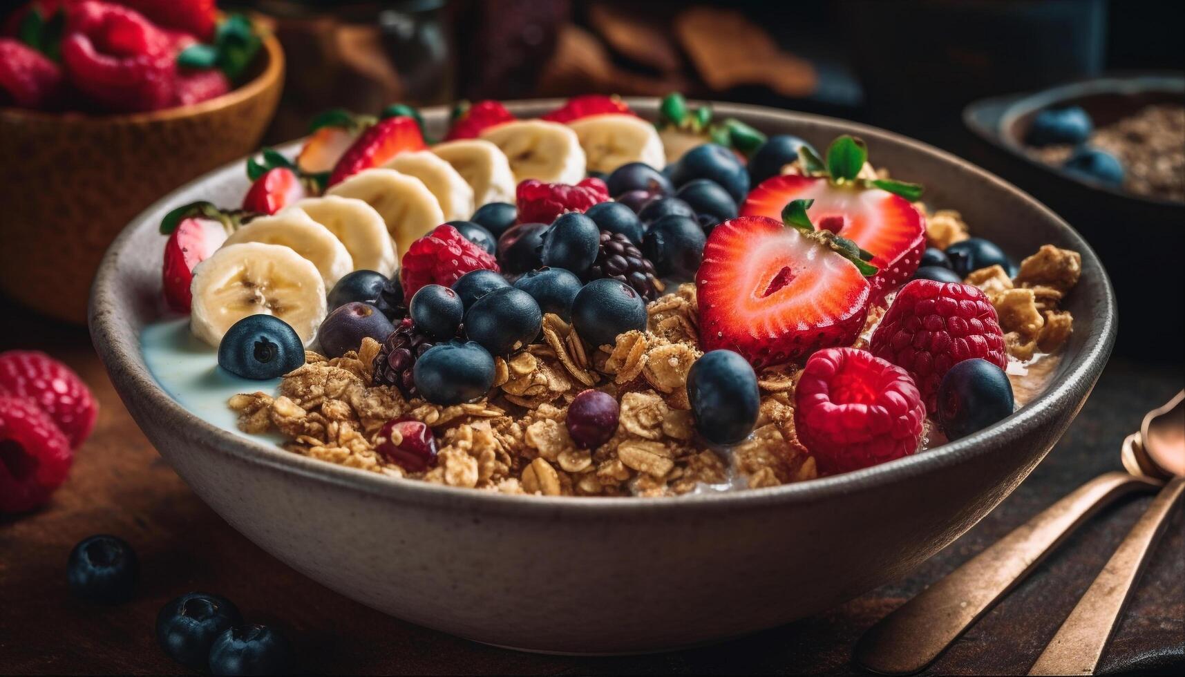 Fresh berries and granola make healthy breakfast treat generated by AI photo