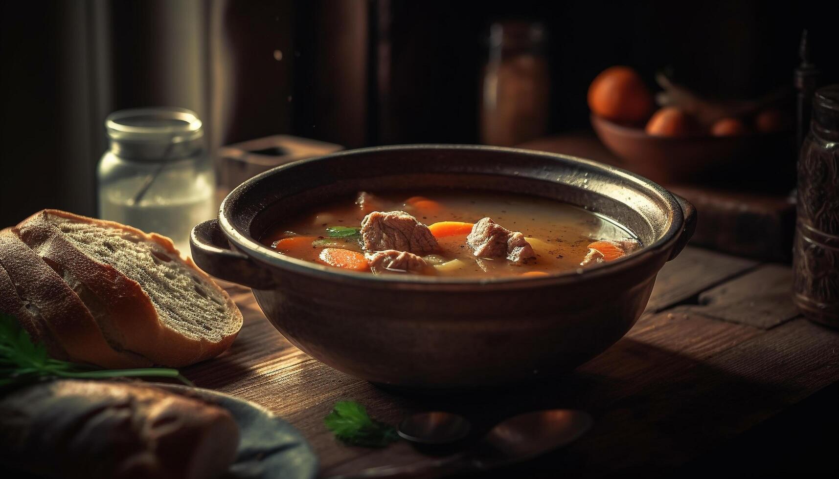 Rustic beef stew in crockery bowl homemade freshness generated by AI photo