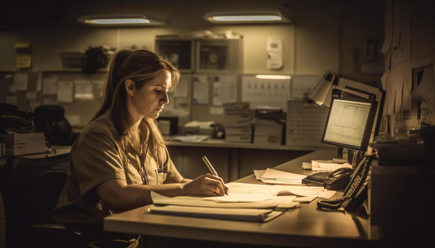 Young businesswoman holding pencil, studying design document generated by AI photo