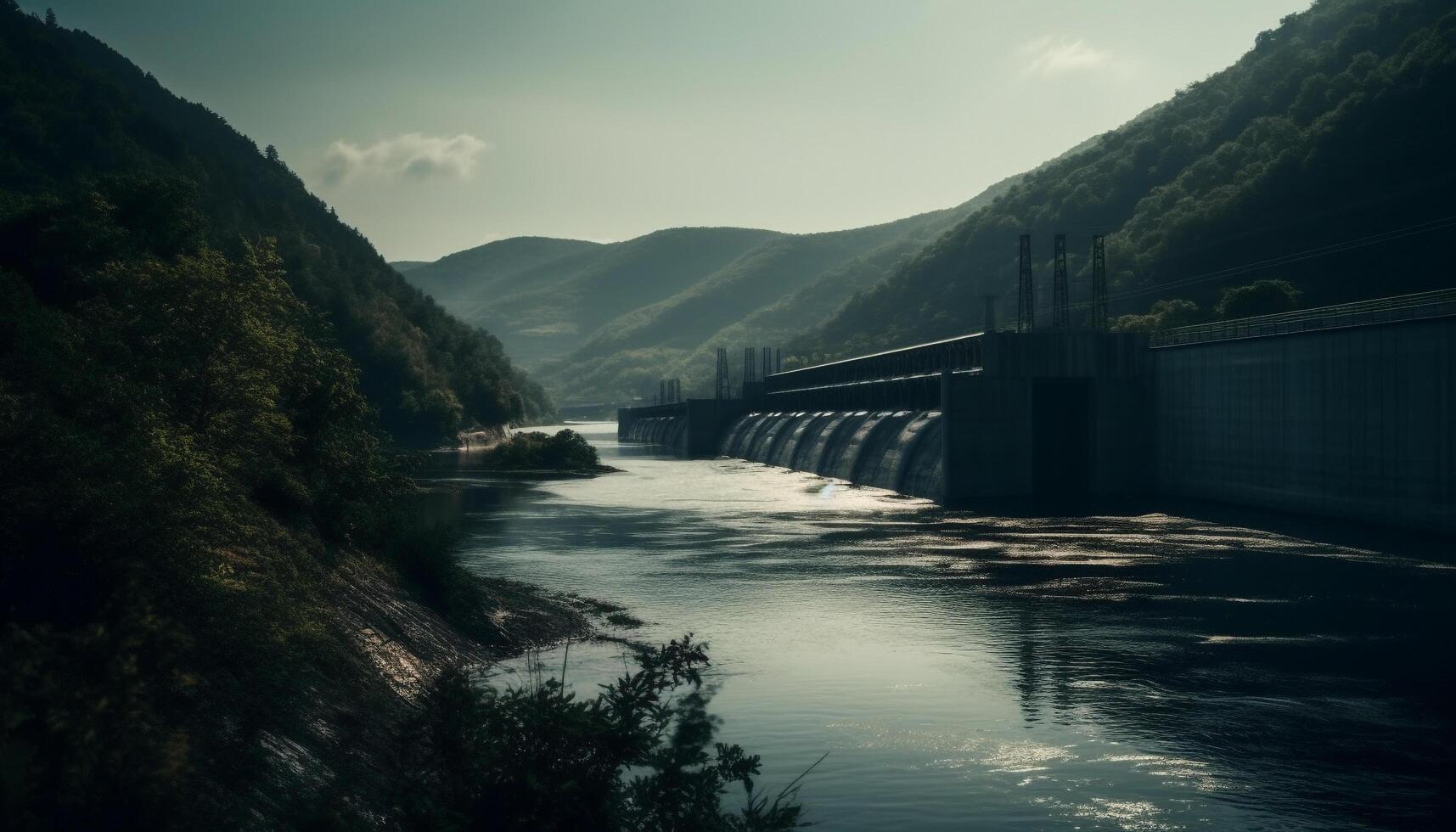 Mountain hydroelectric power station generates sustainable electricity outdoors generated by AI photo