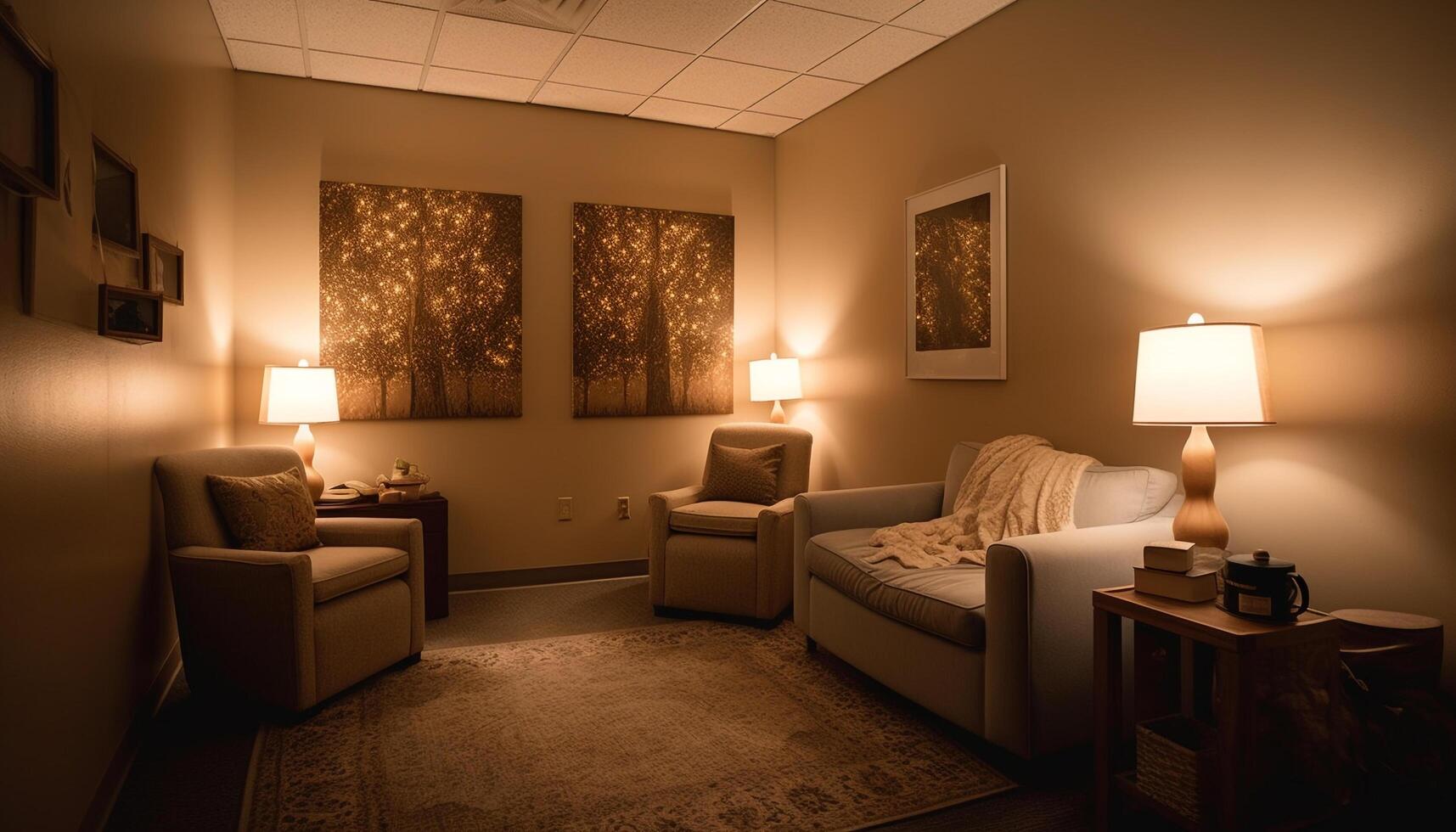 Comfortable sofa, modern lamp, luxurious home interior generated by AI photo