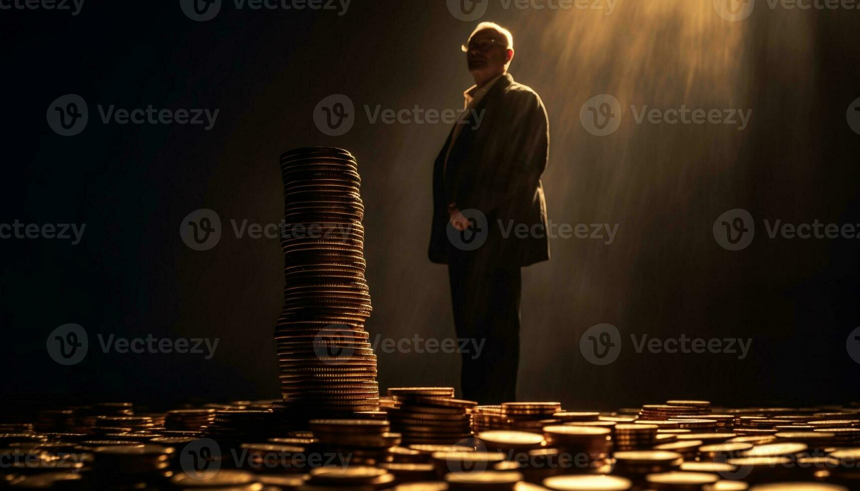 One businessman standing holding currency, reflecting success generated by AI photo