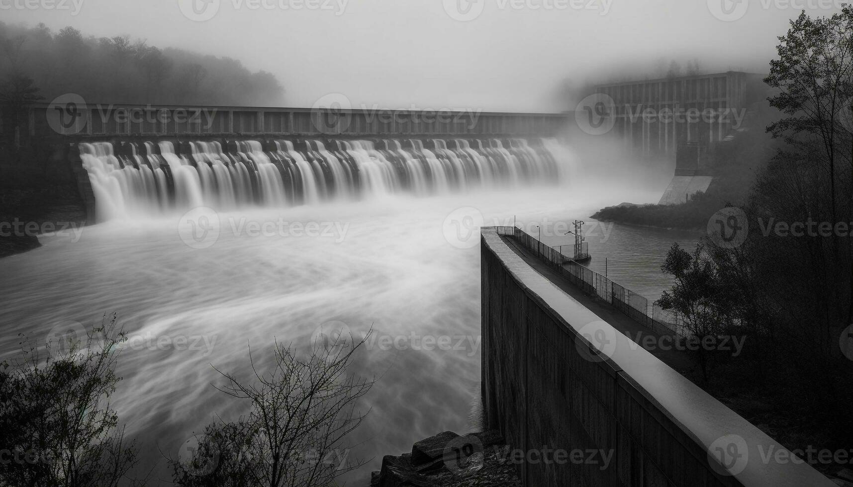 Hydroelectric power station generates electricity from nature flowing water generated by AI photo