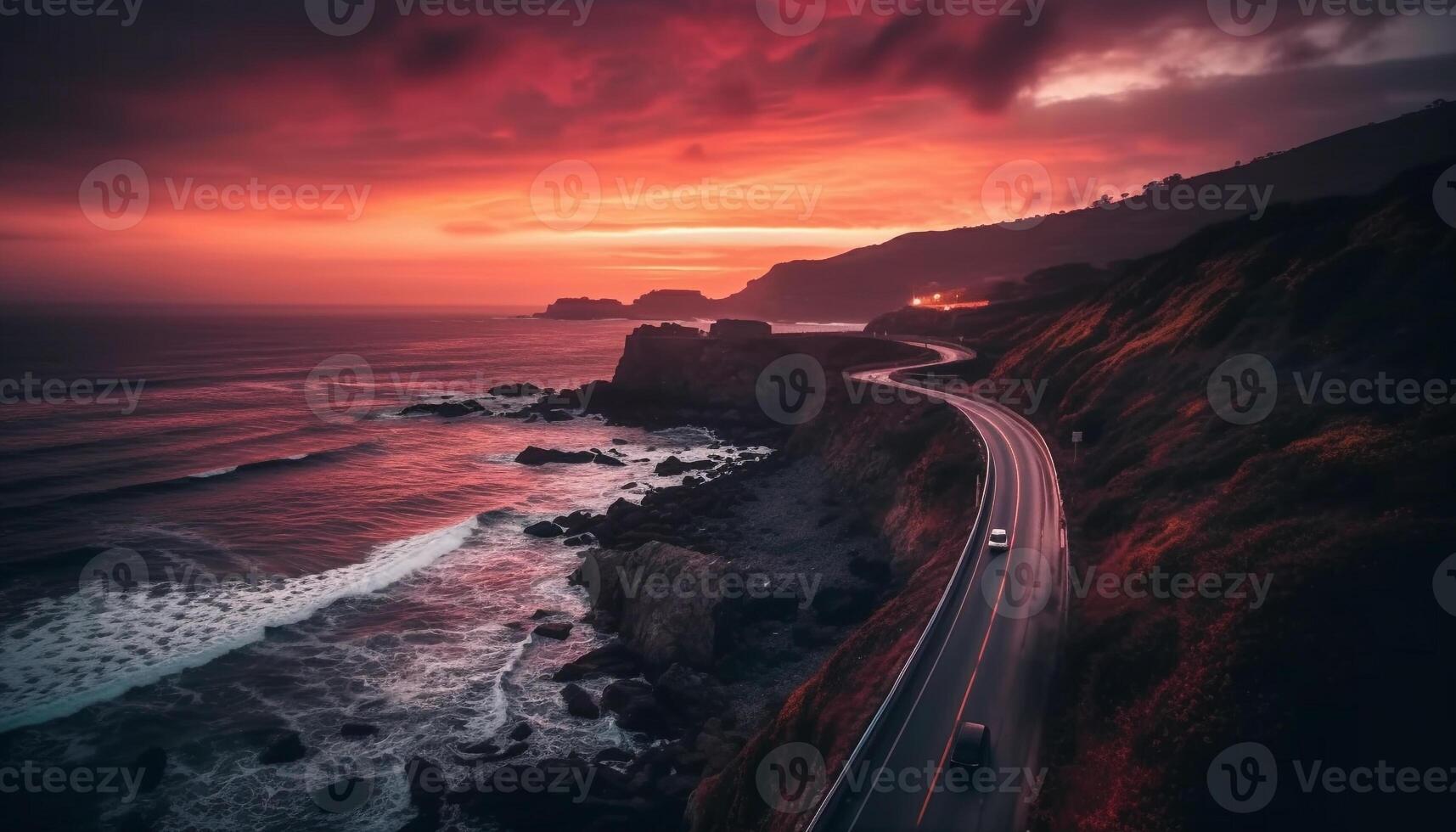 Idyllic road trip, horizon reflects beauty in nature generated by AI photo