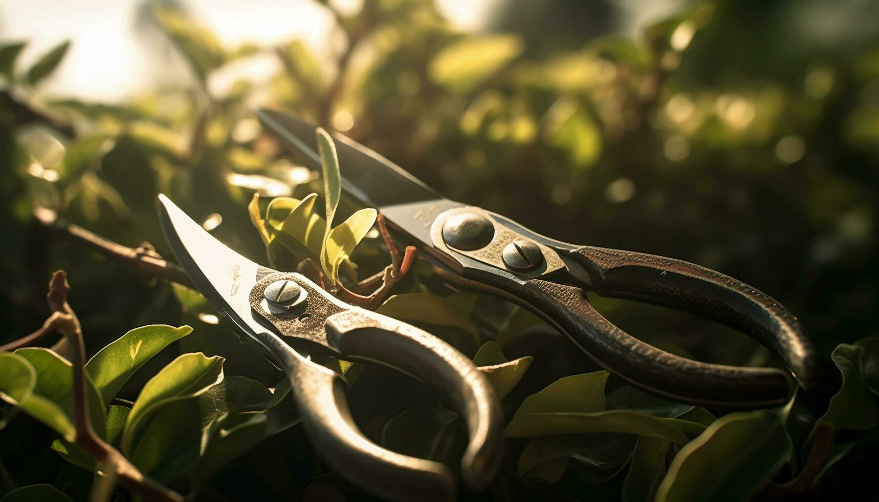 Sharp pruning shears cut green foliage perfectly generated by AI photo