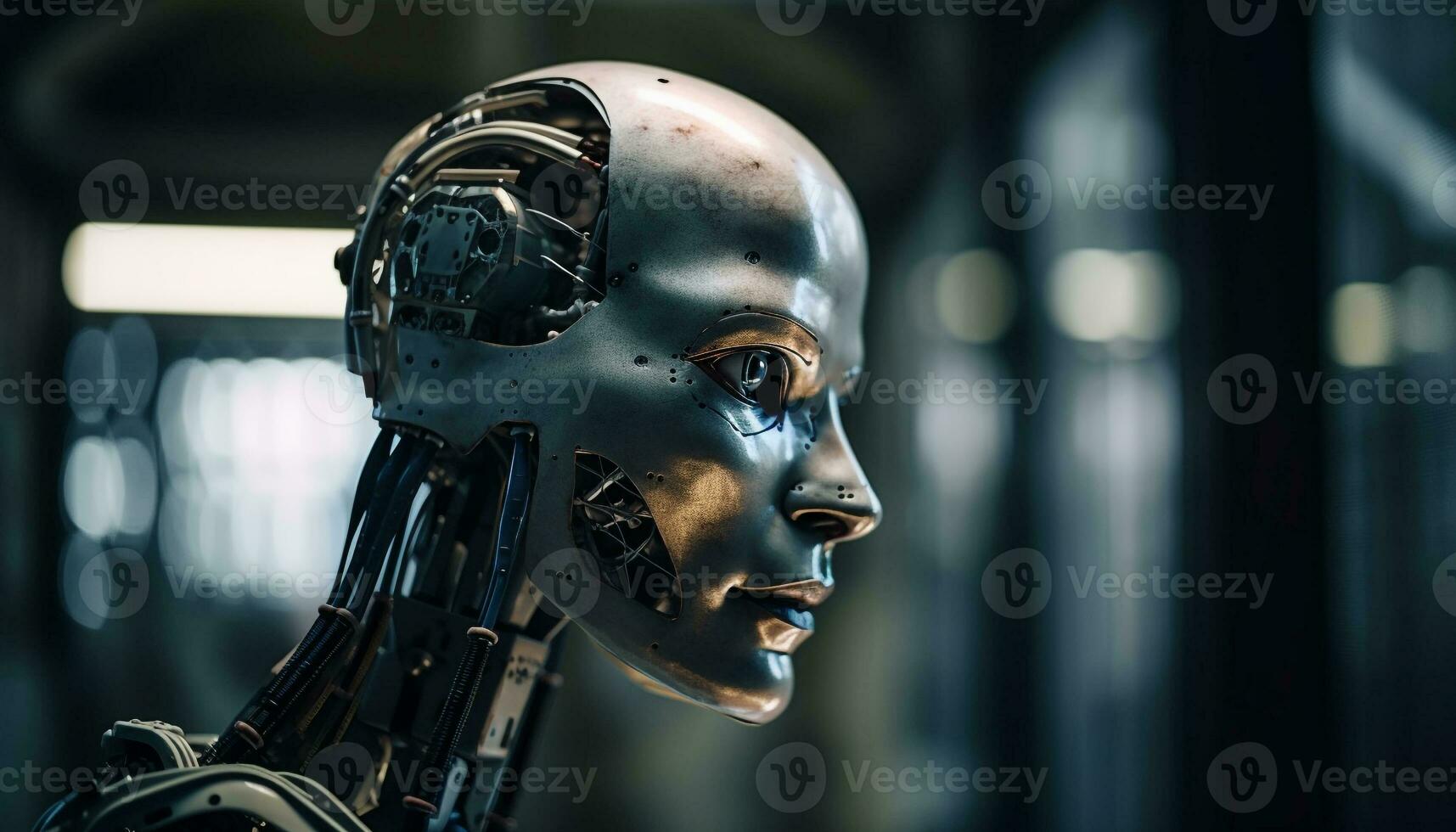 Futuristic robotic cyborg men wielding metallic machinery generated by AI photo