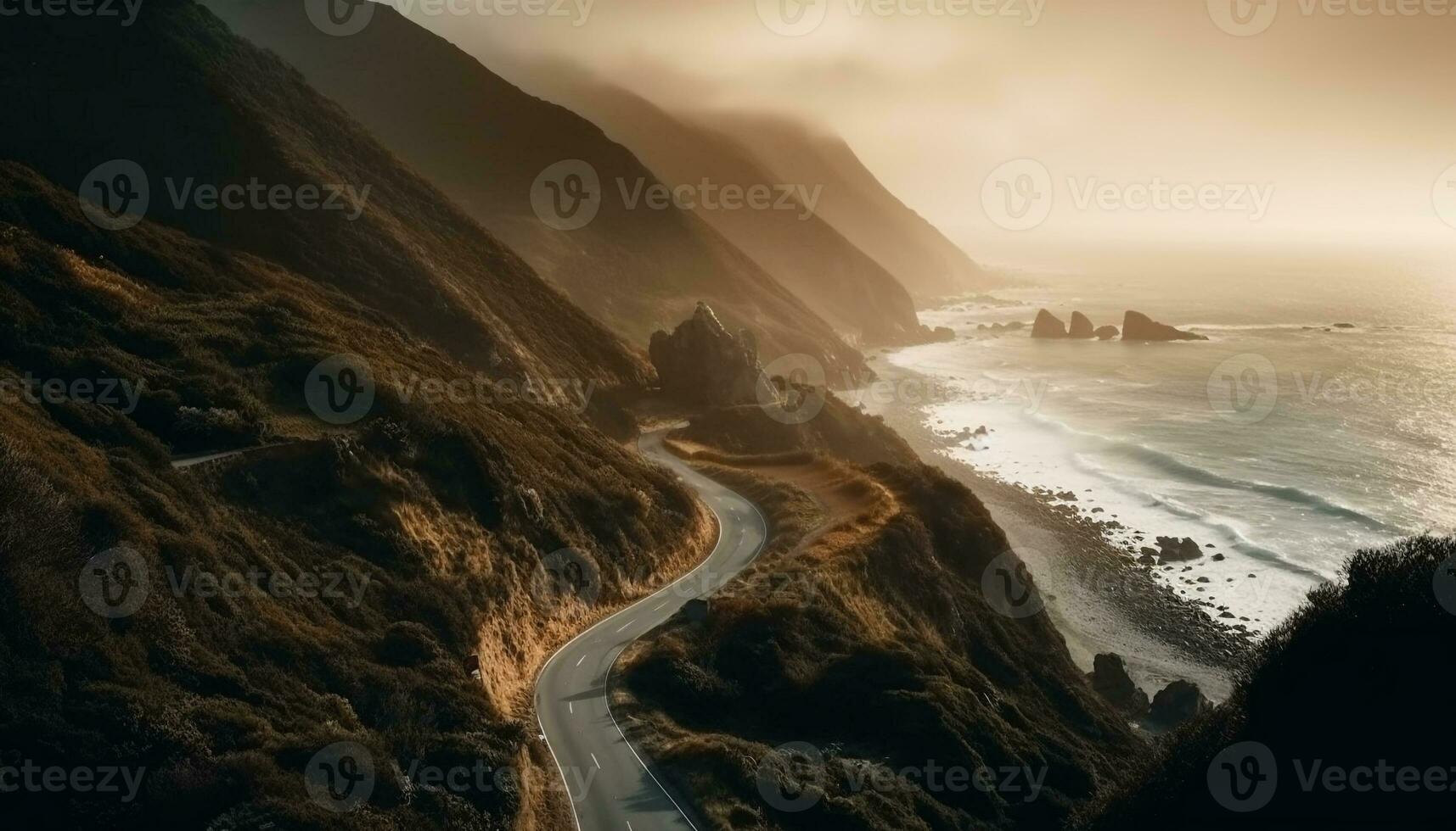 Majestic sunset over rugged coastal mountains in Big Sur generated by AI photo