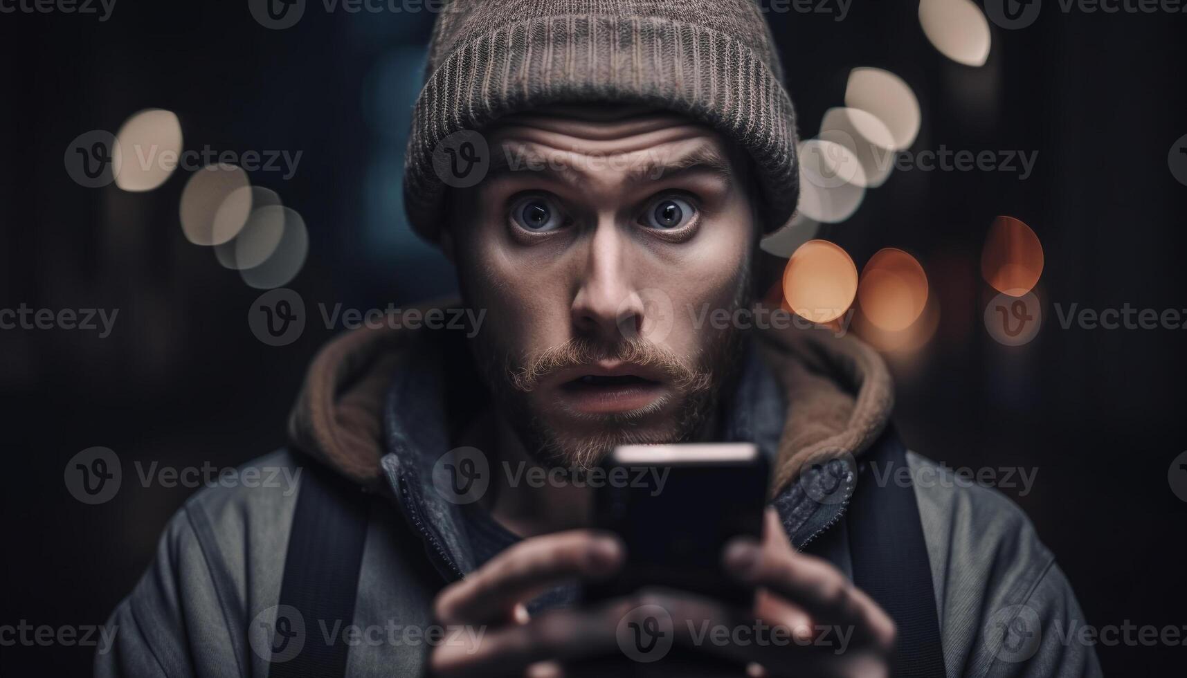 Bearded man smiles at night, phone glowing generated by AI photo