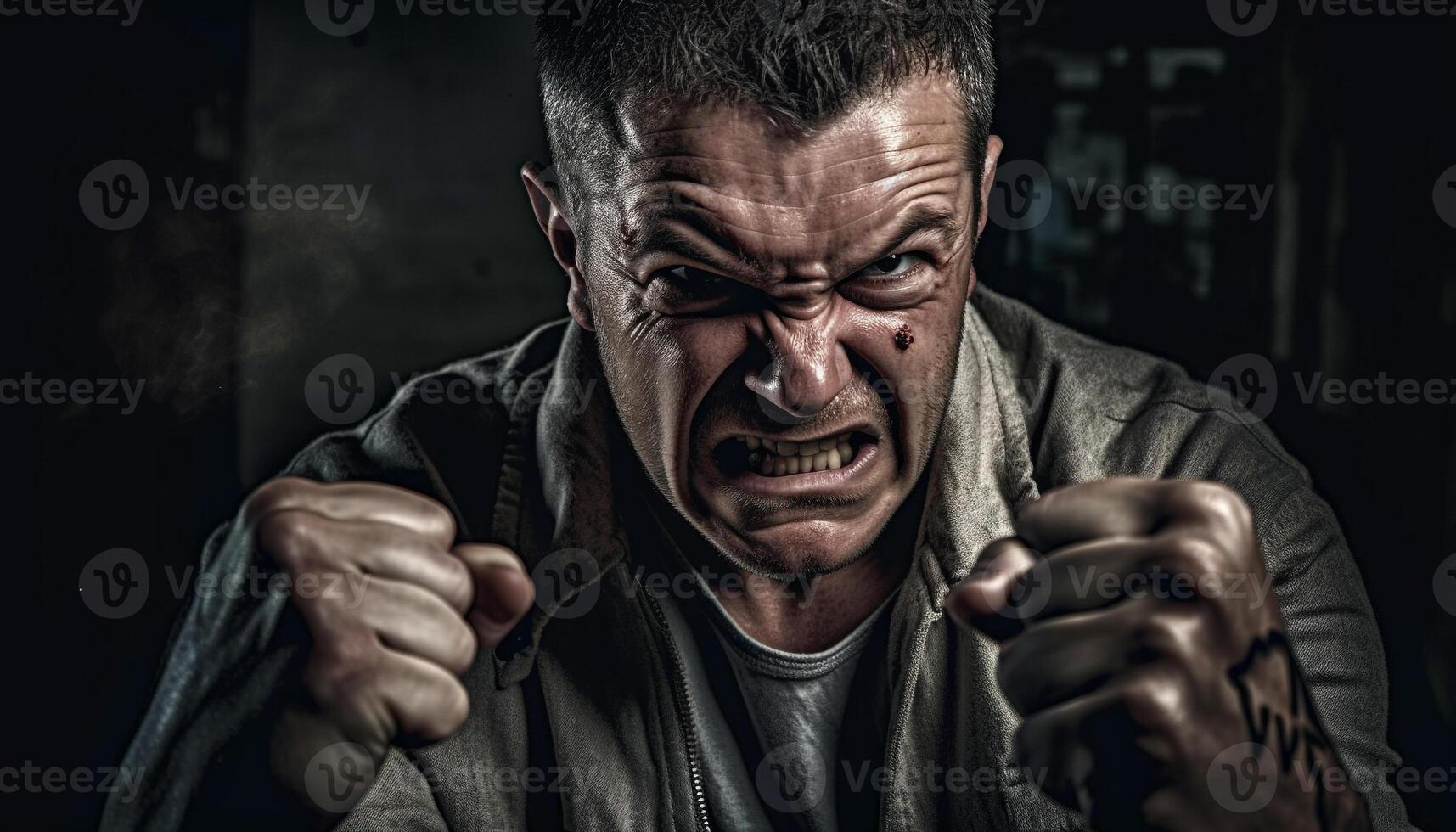 Furious adult male with fist, aggression shown generated by AI photo