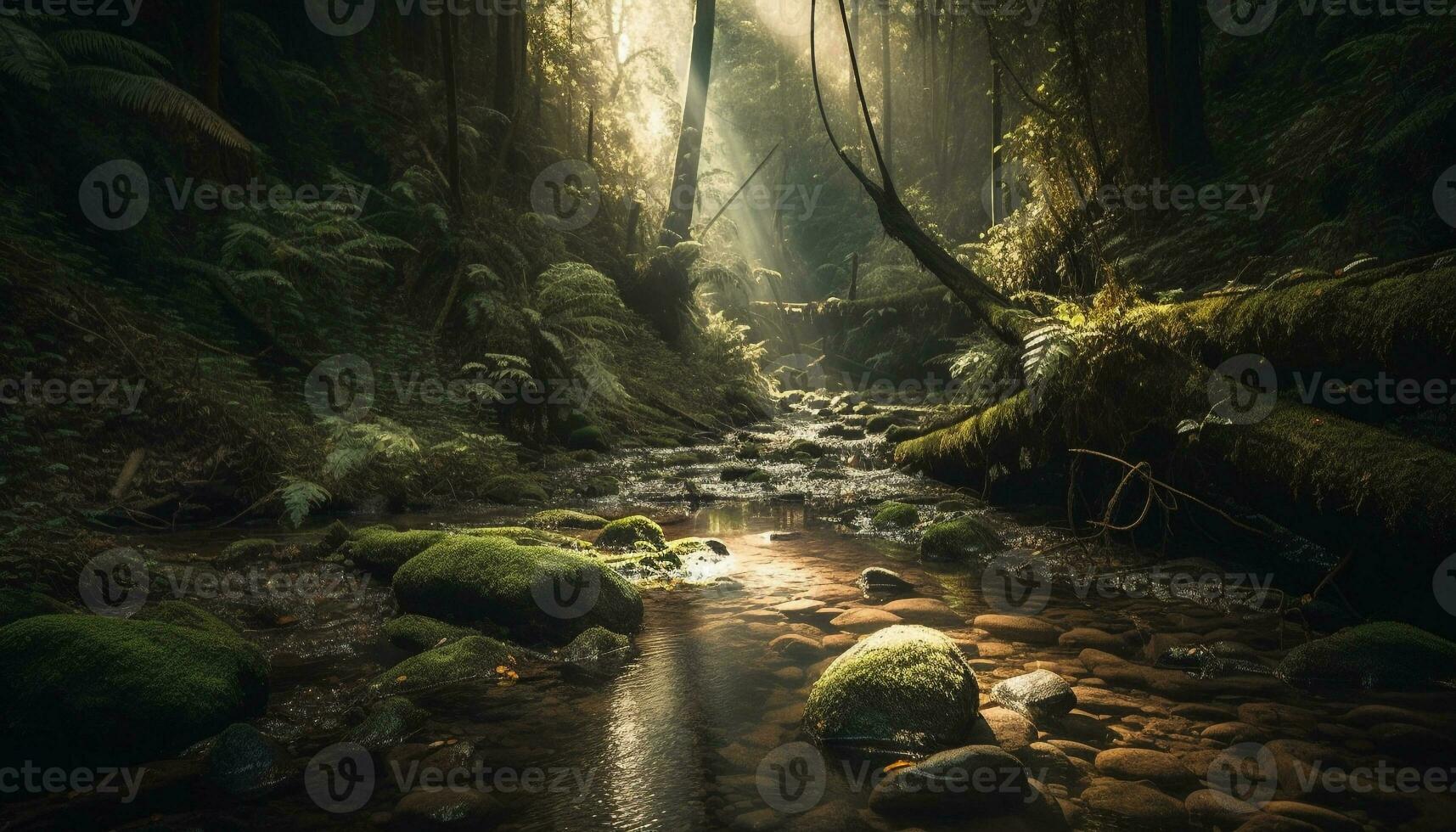 Tranquil scene with flowing water and foliage generated by AI photo
