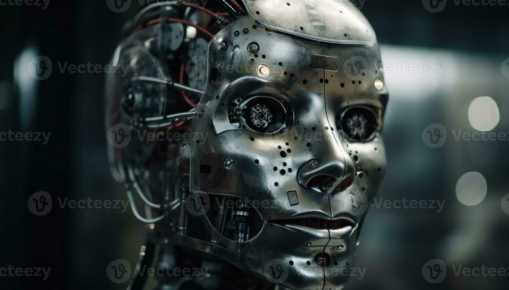 Metallic cyborg knight looking at camera, futuristic warfare generated by AI photo