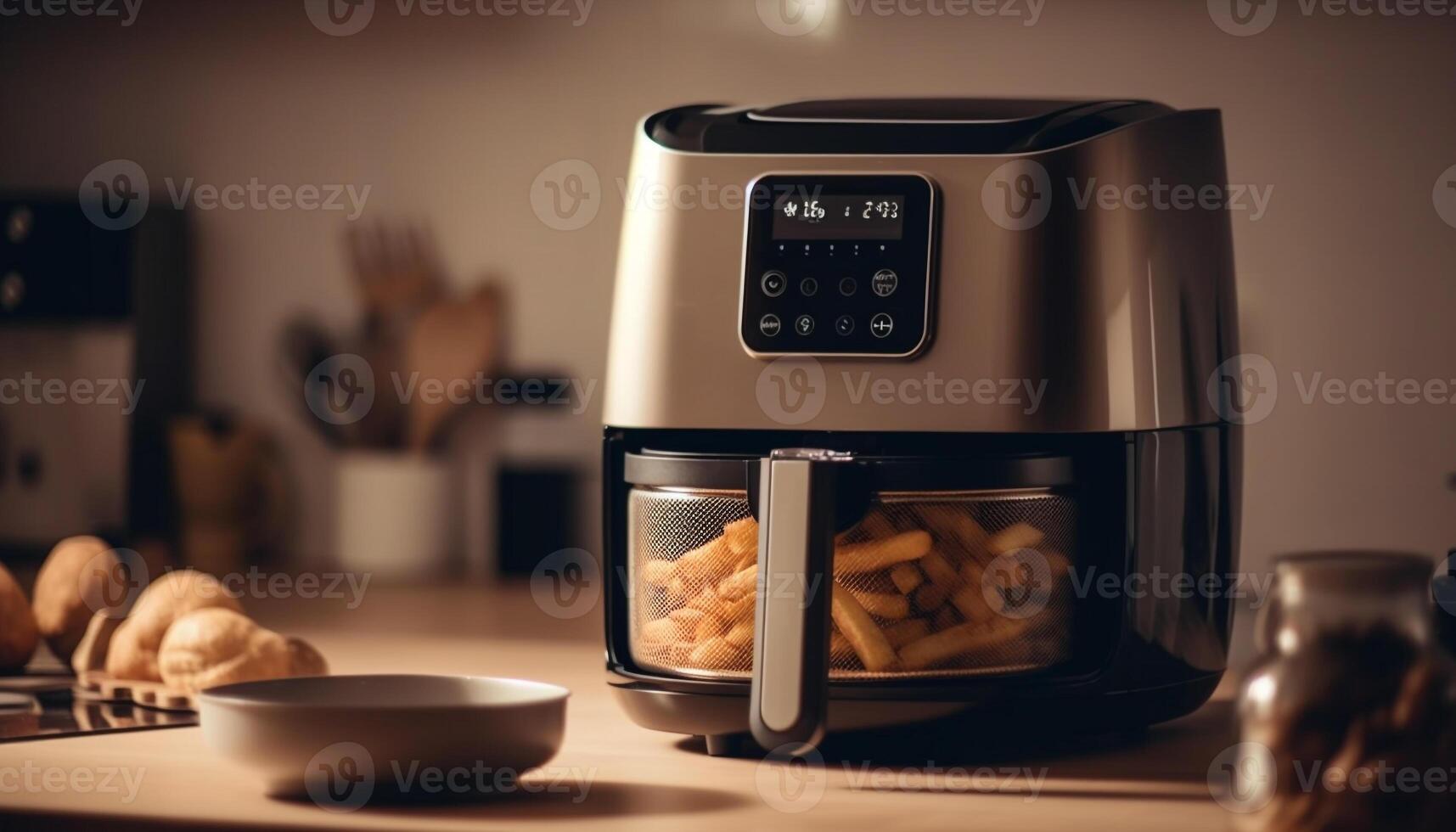 Fresh fruit bowl, espresso machine, and coffee cup generated by AI photo