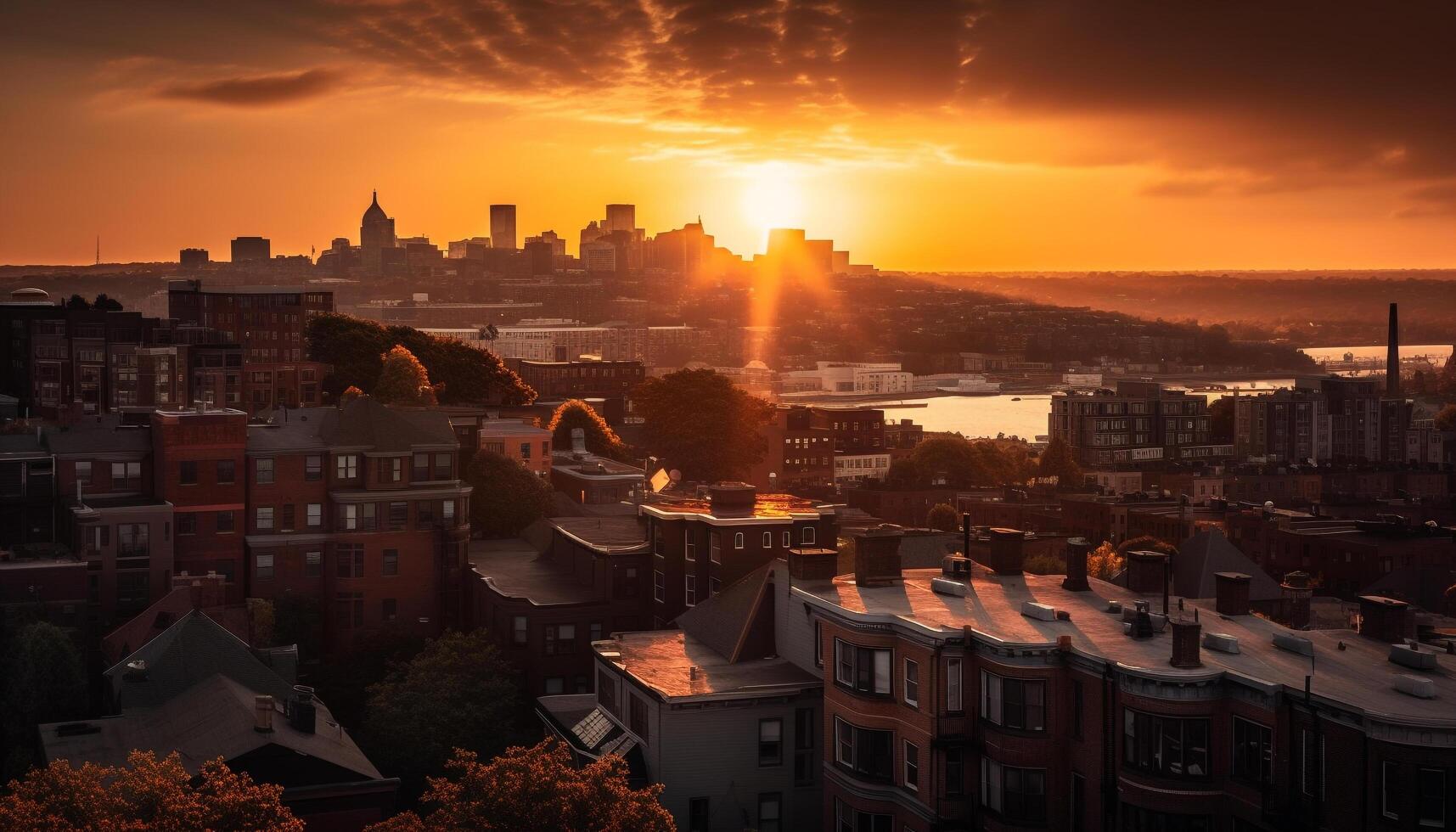 Sunset illuminates modern city skyline, reflecting in water generated by AI photo