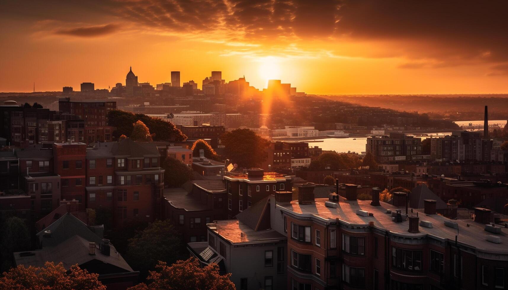 puesta de sol ilumina moderno ciudad horizonte, reflejando en agua generado por ai foto