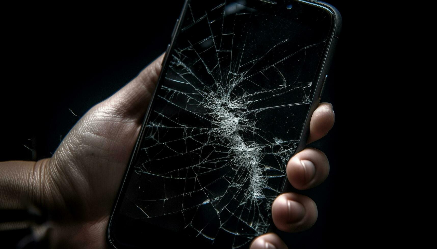 Broken smart phone screen catches shattered glass generated by AI photo