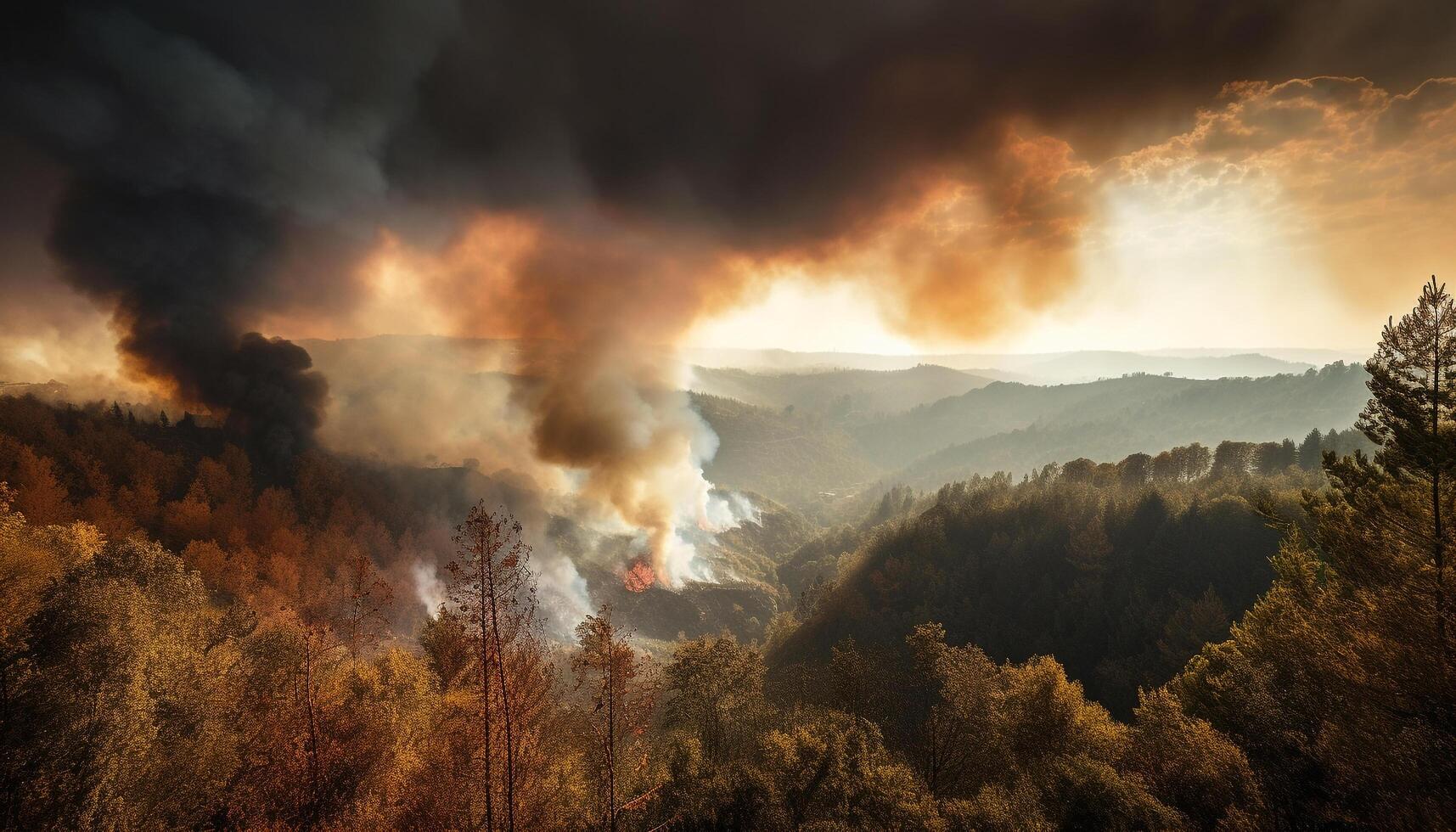 Forest fire blazing through mountain range inferno generated by AI photo