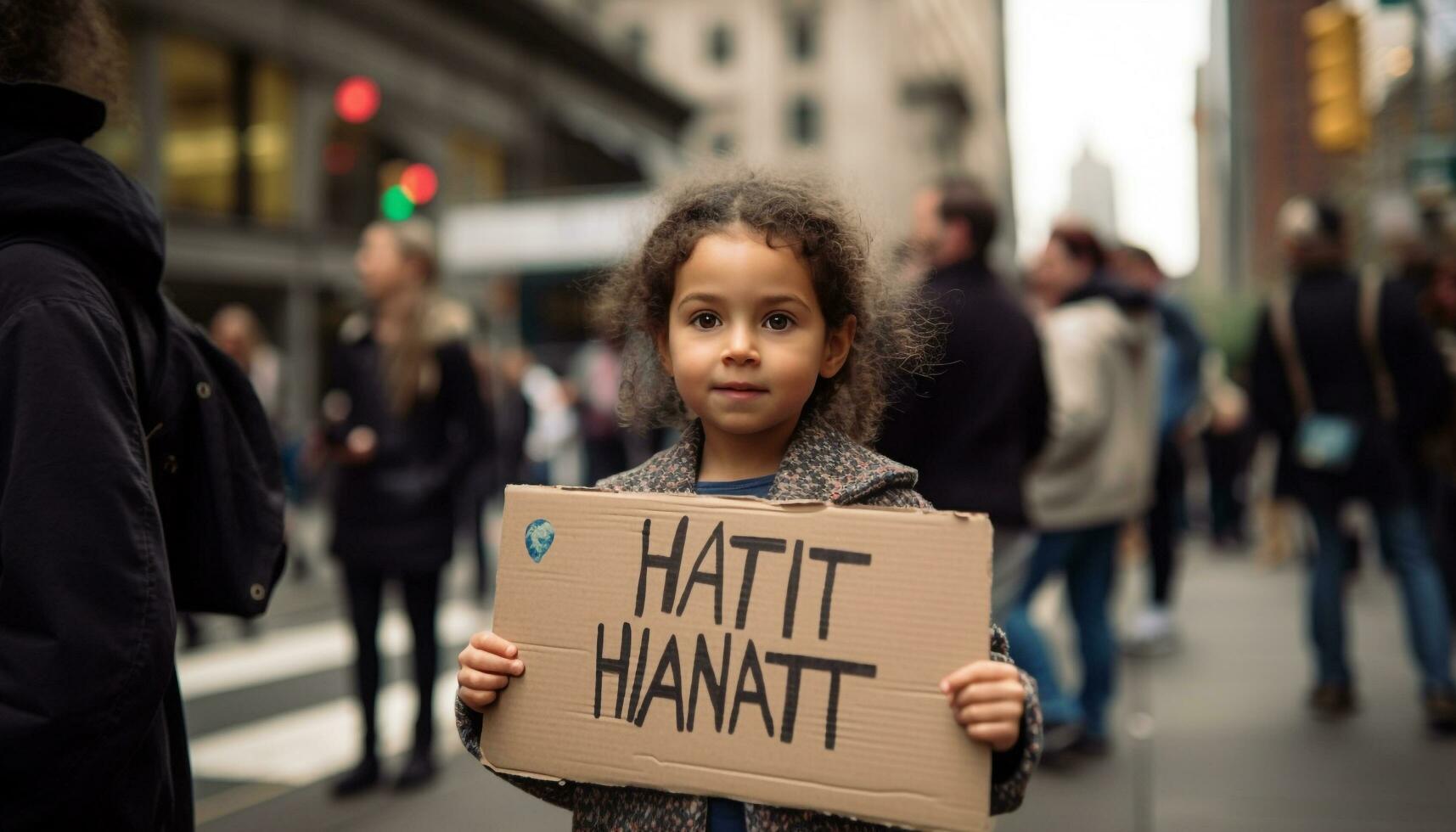 Smiling child holds message against poverty protest generated by AI photo