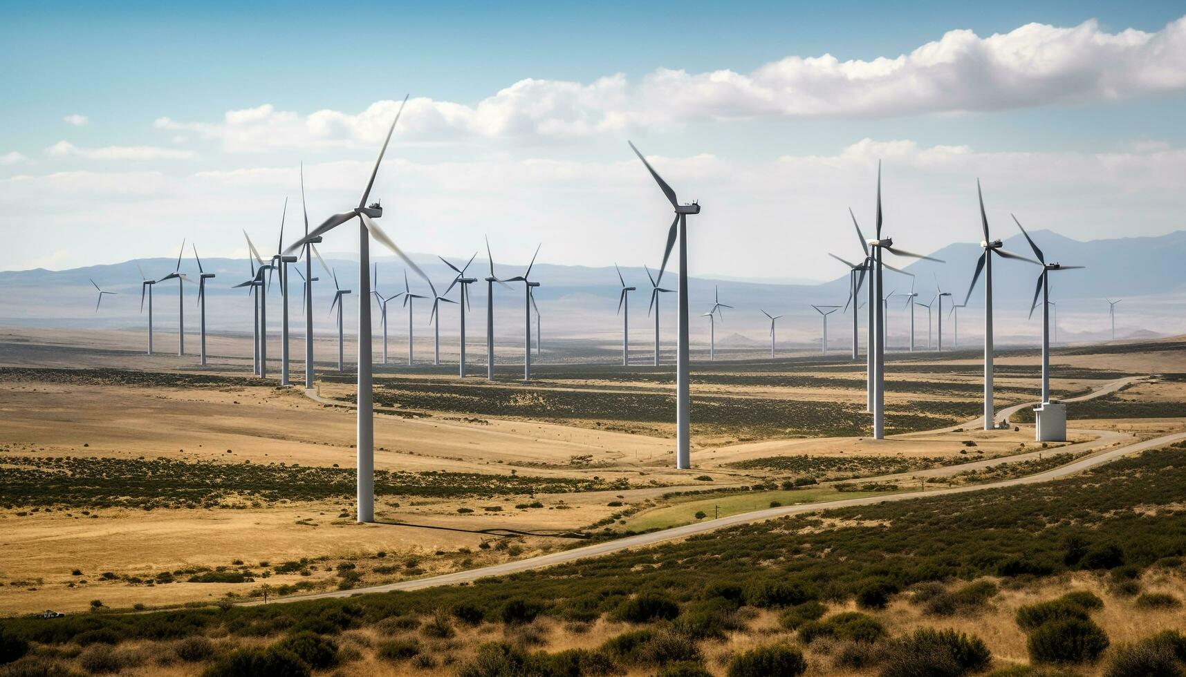 Wind turbines turning, generating sustainable energy growth generated by AI photo