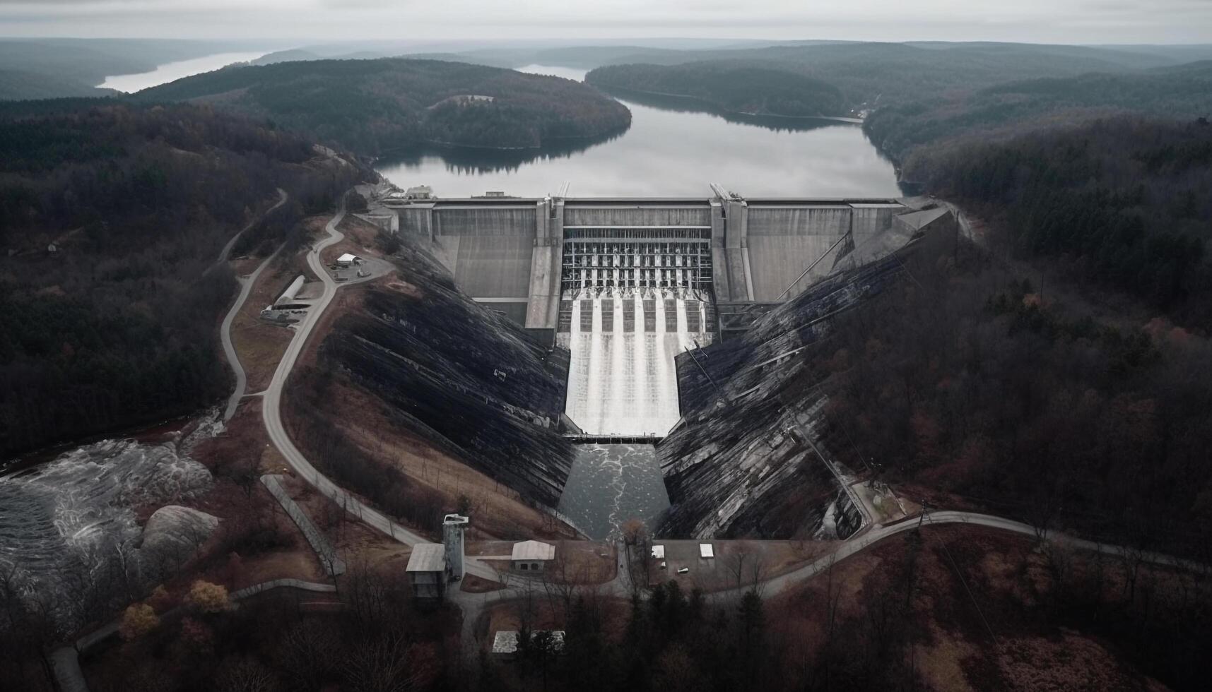 montaña poder hidroeléctrico planta da sostenible energía generado por ai foto