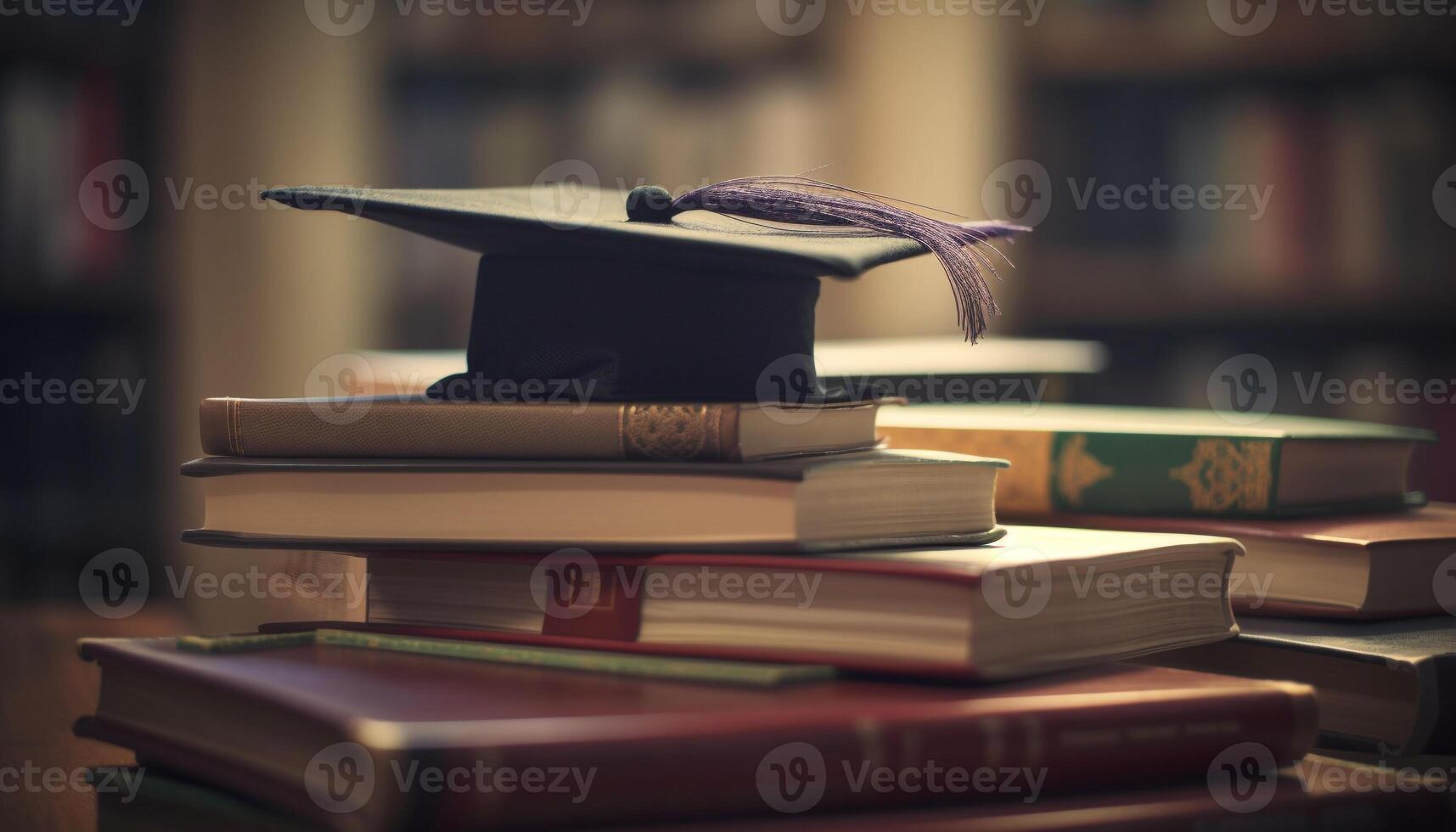 Stacked antique books on shelf hold wisdom generated by AI photo