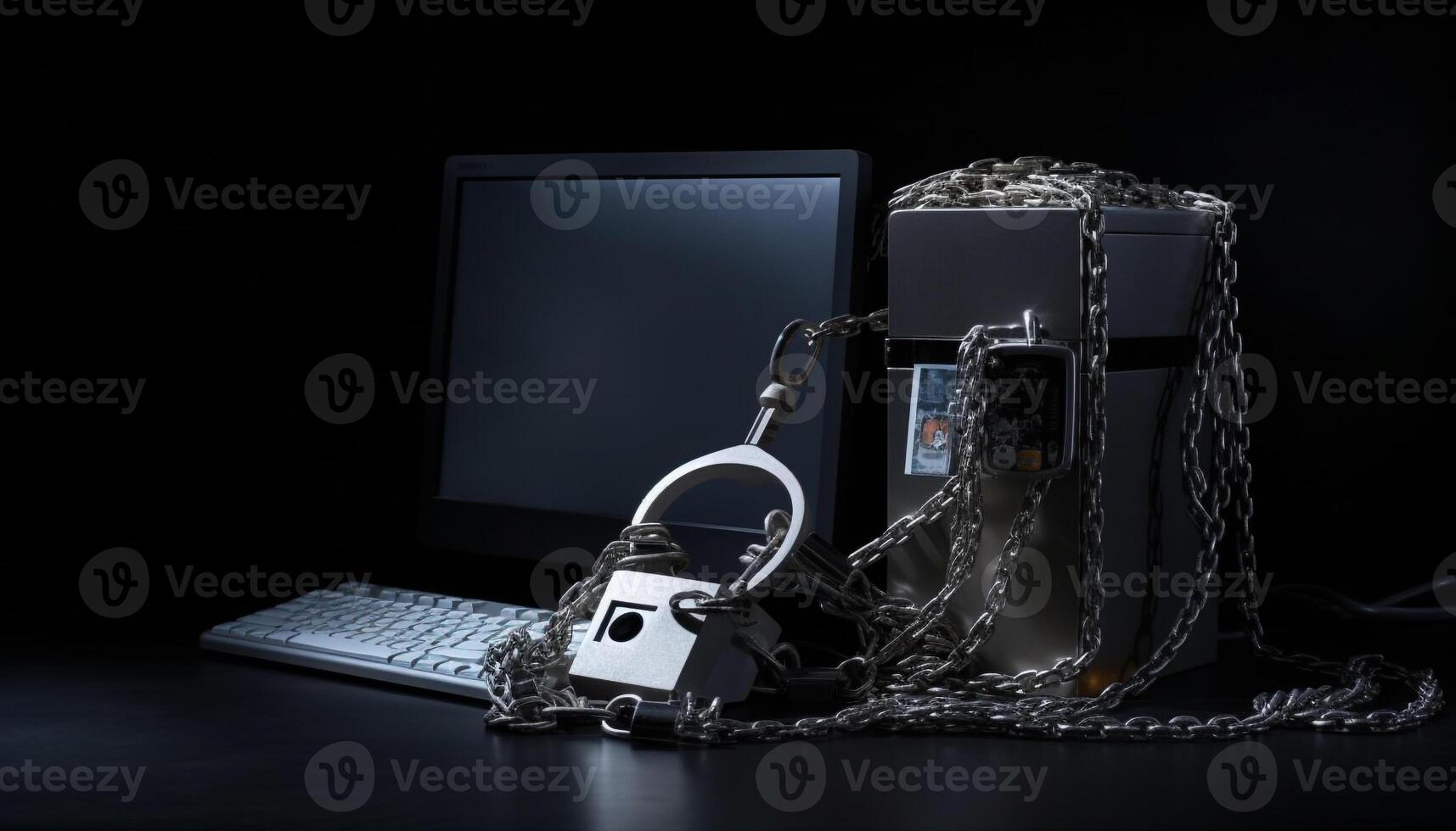 Desktop PC chained and locked for safety generated by AI photo