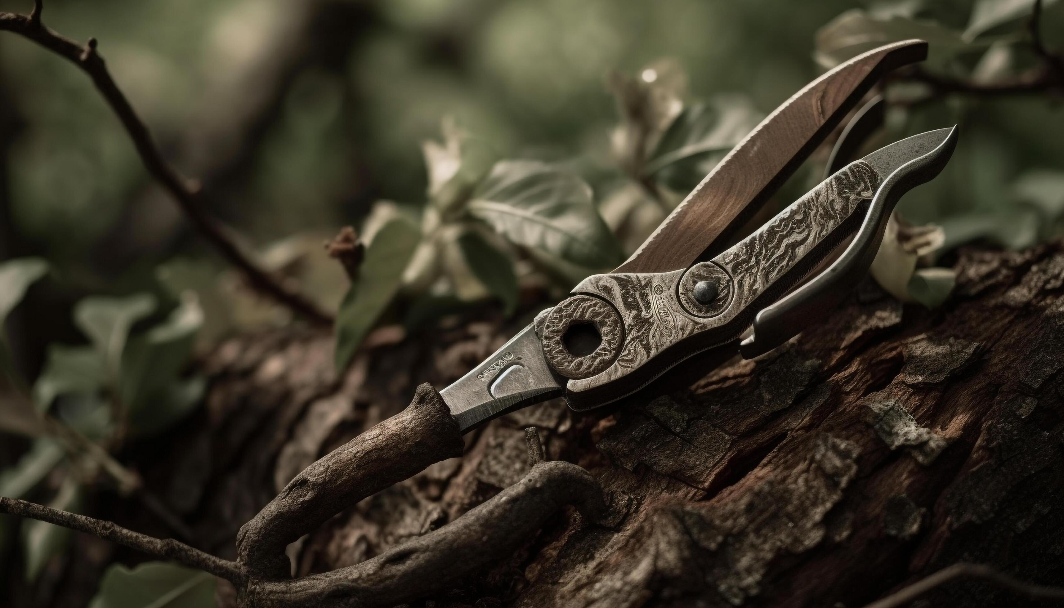 Sharp metal blade cuts through forest branch generated by AI 25121569