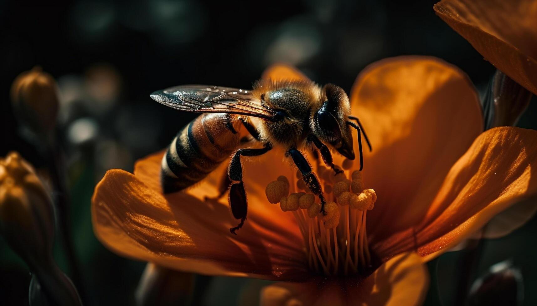 Busy bee working, picking pollen from flower generated by AI photo