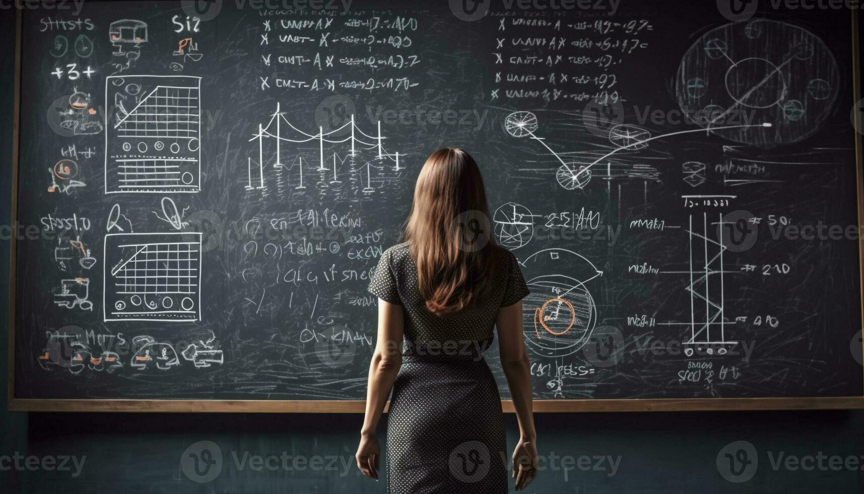 Mathematical symbols on blackboard, teacher explains algebra generated by AI photo