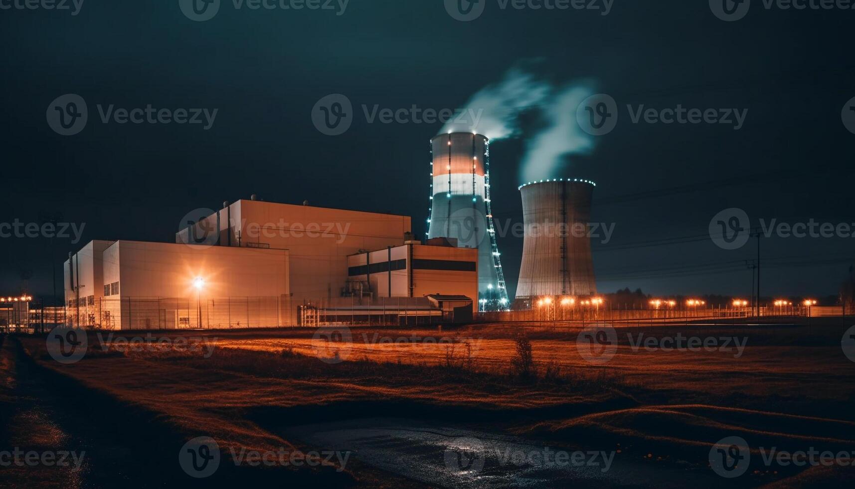 noche fábrica ilumina cielo, fumar contamina naturaleza generado por ai foto