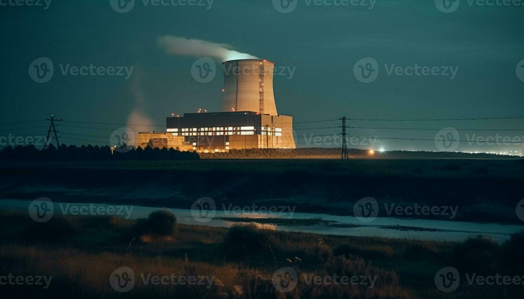 puesta de sol siluetas construido estructura, electricidad suministrado por carbón generado por ai foto