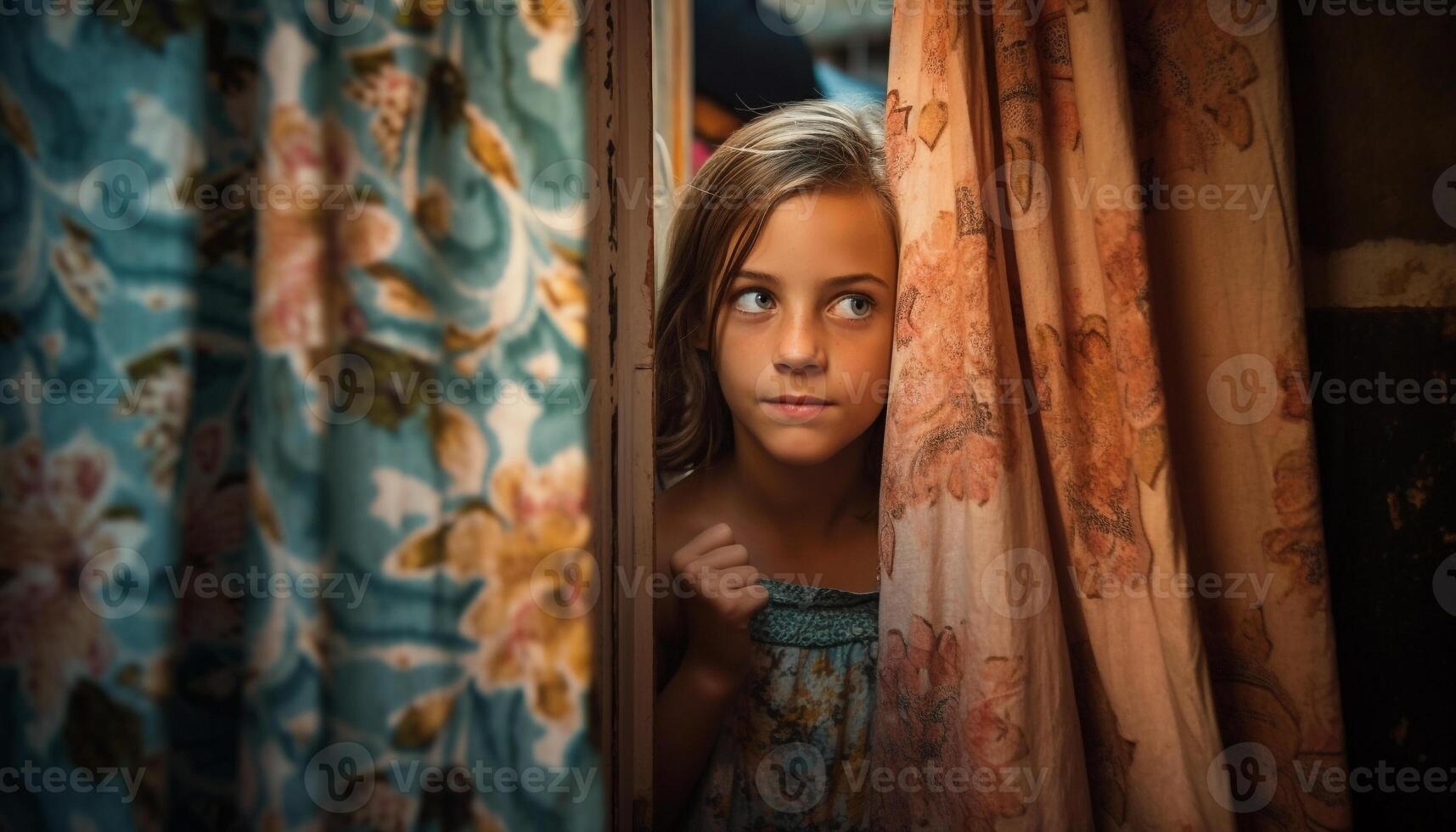 rubio pelo niña mirando a ventana, sonriente generado por ai foto