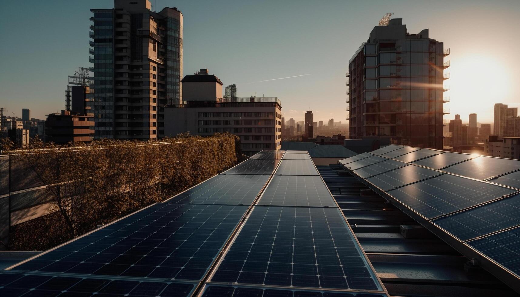 Modern skyscrapers emit solar energy into night sky generated by AI photo