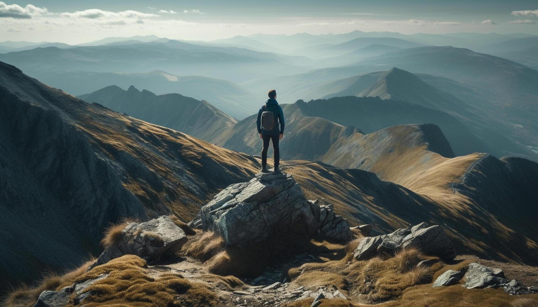 Man achieves mountaintop success, embracing nature majesty generated by AI photo