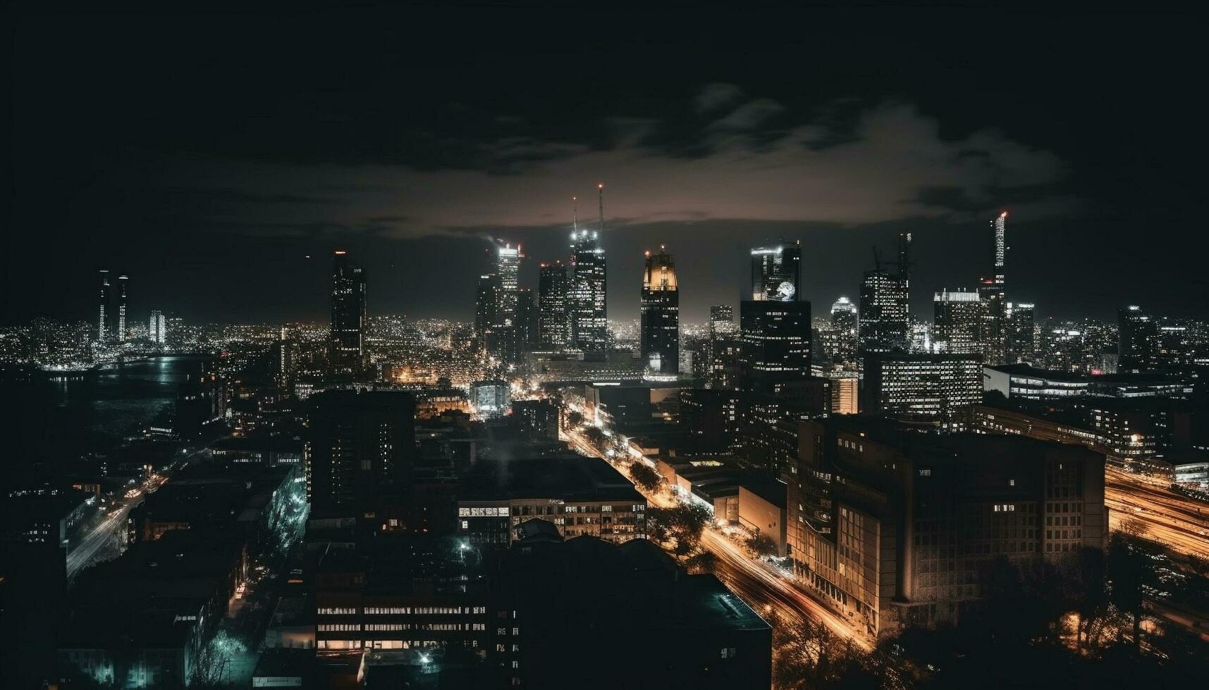 Night sky illuminated by modern cityscape lights generated by AI photo