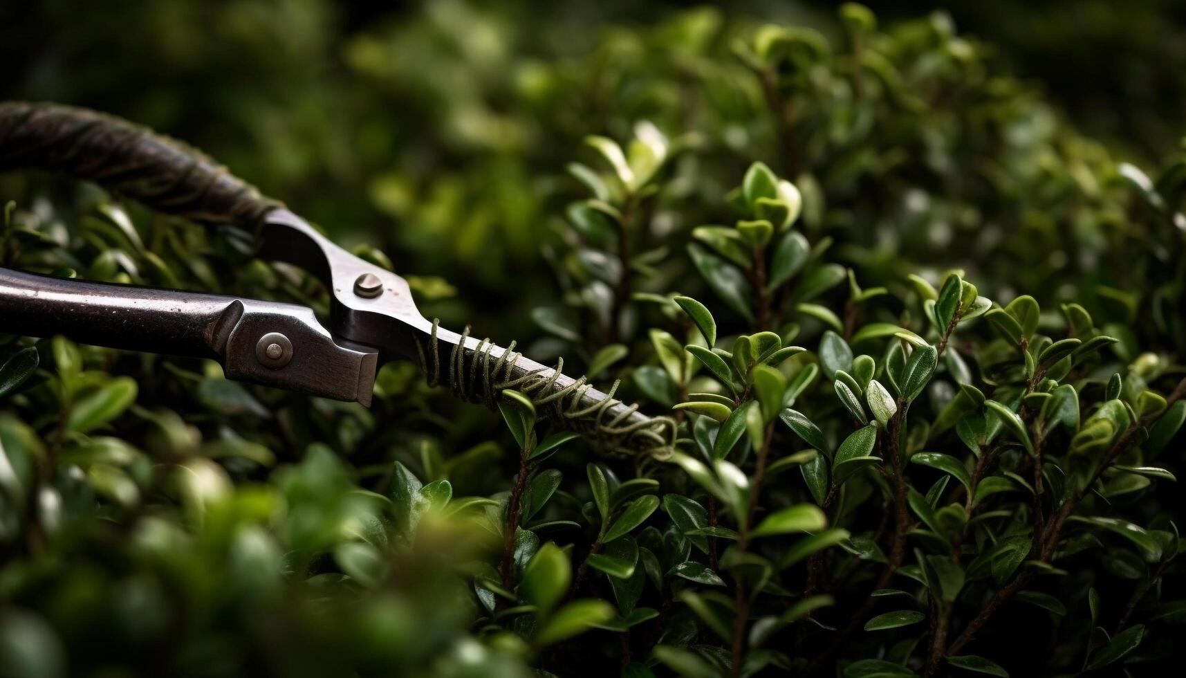 Sharp pruning shears cut leaf on bush generated by AI photo