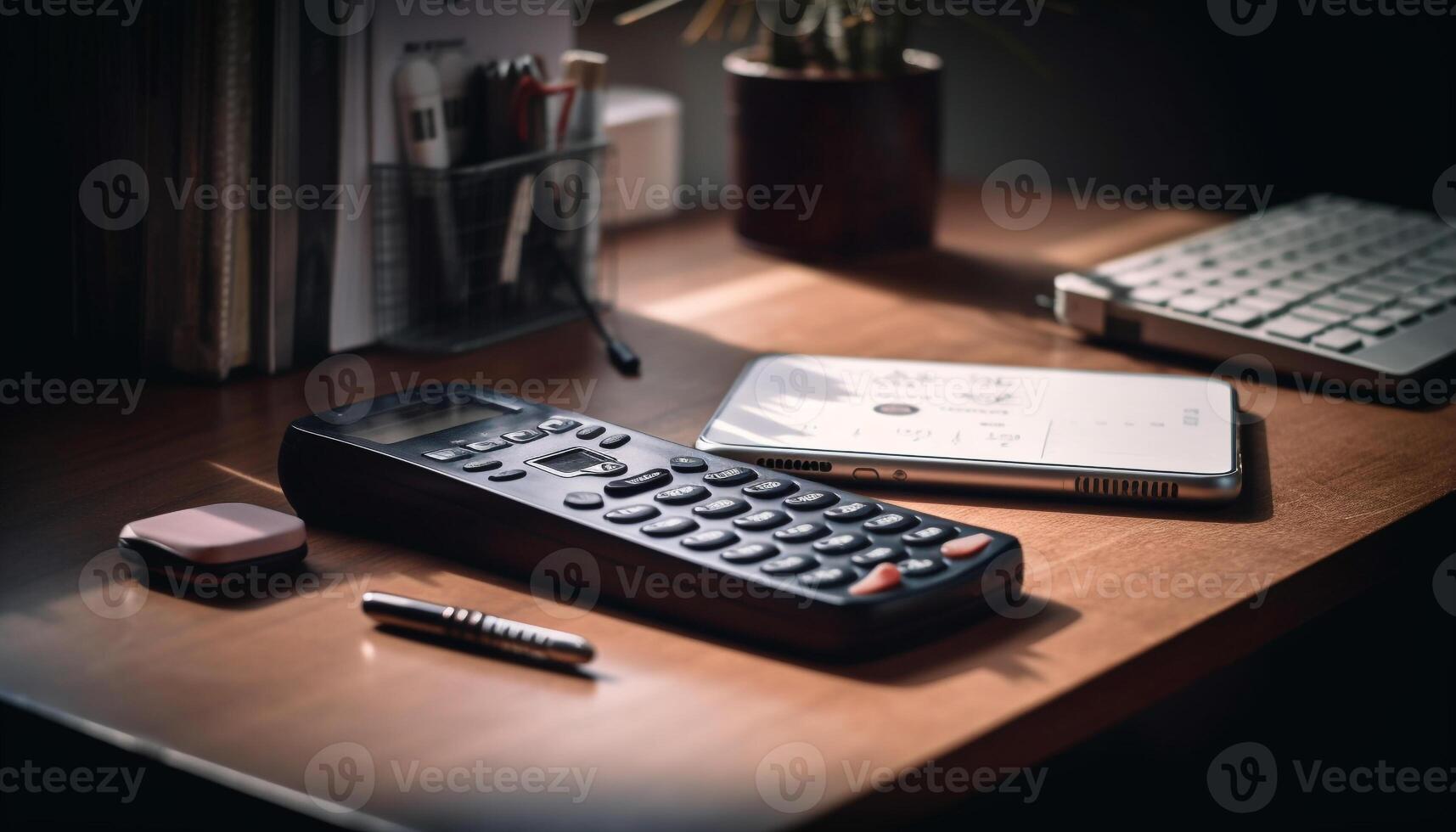 moderno oficina equipo en de madera escritorio adentro generado por ai foto