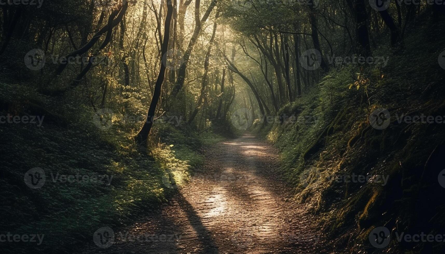 Vanishing point leads to mysterious autumn forest generated by AI photo