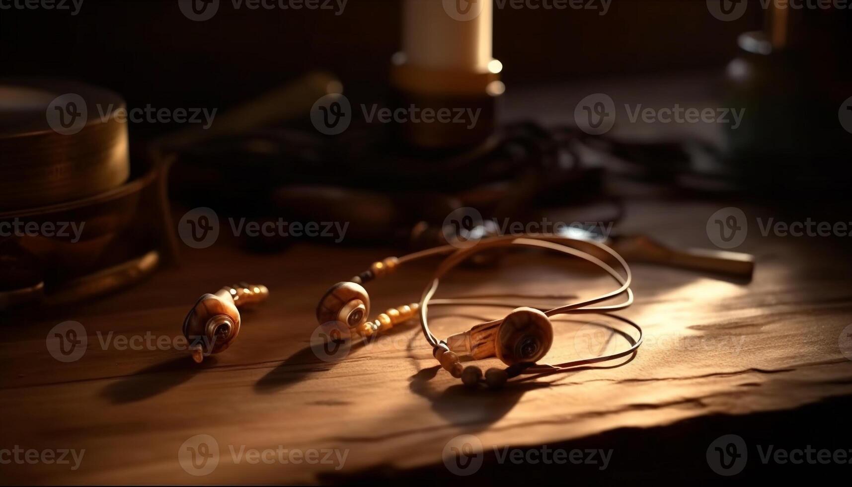 Shiny metal wrench on old wooden table generated by AI photo