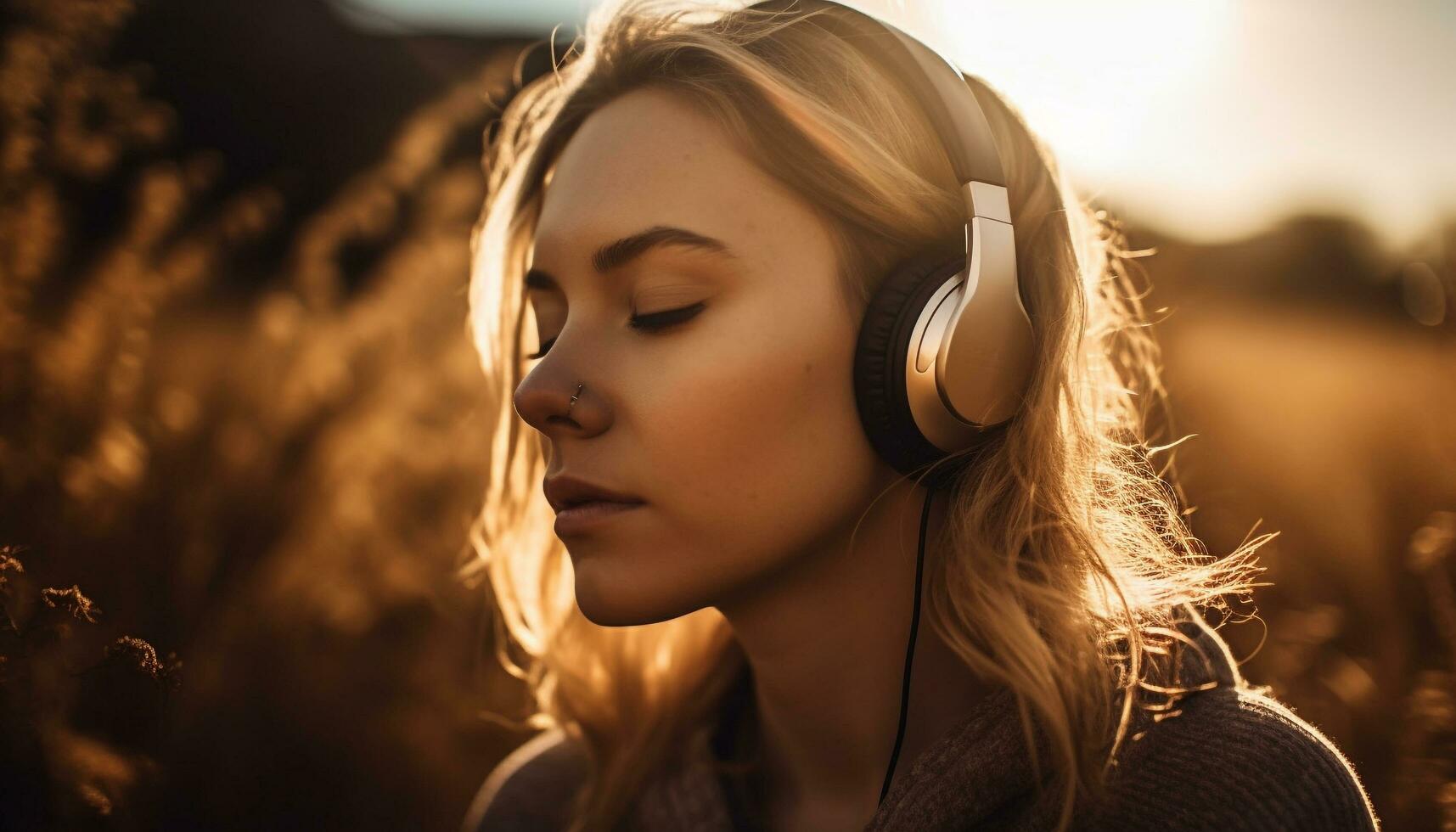 Young woman enjoys nature, listening with headphones generated by AI photo